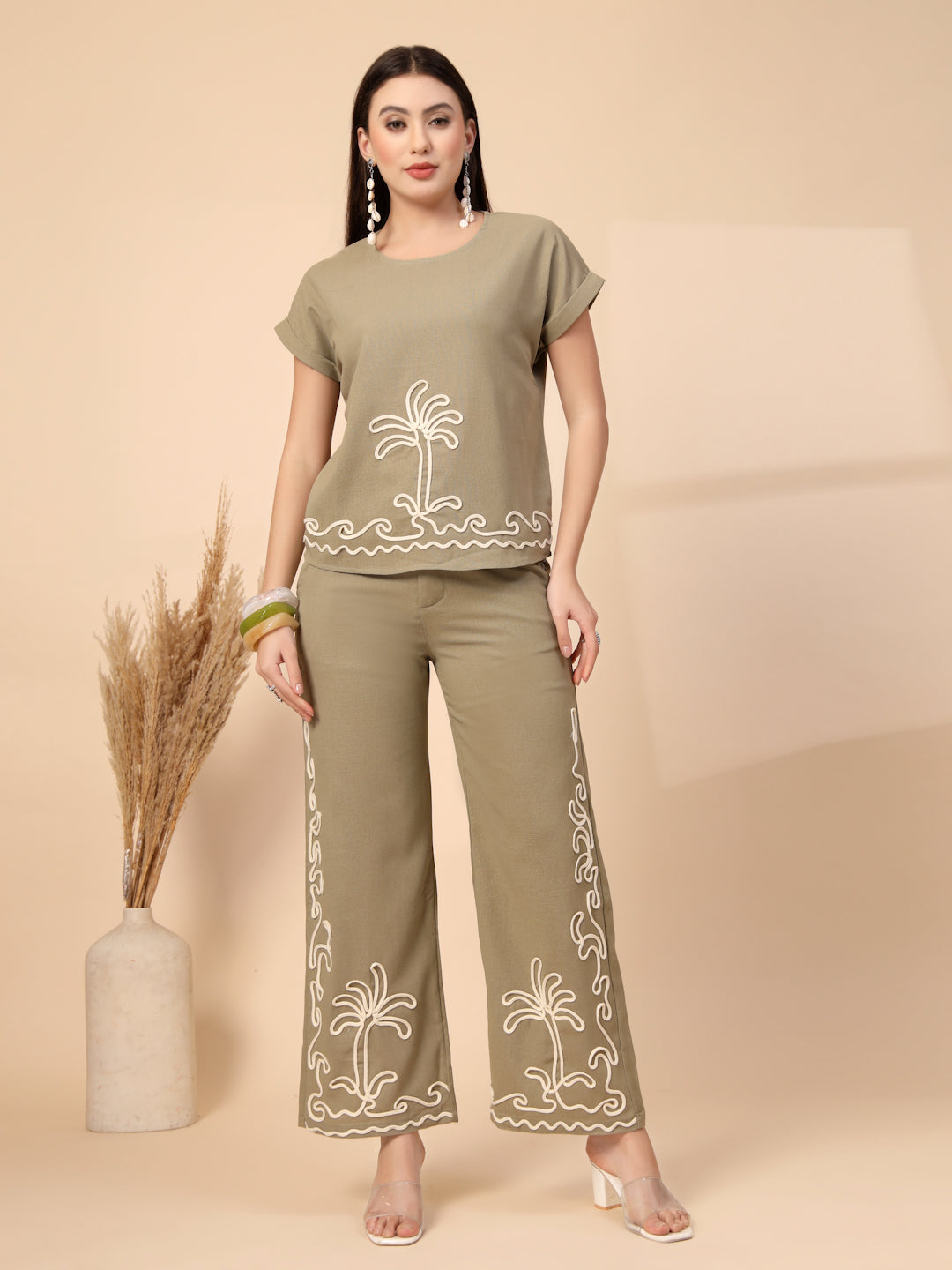 Thirty Threads Womens Green Embroidered Round Neck Regular Co-Ord Set