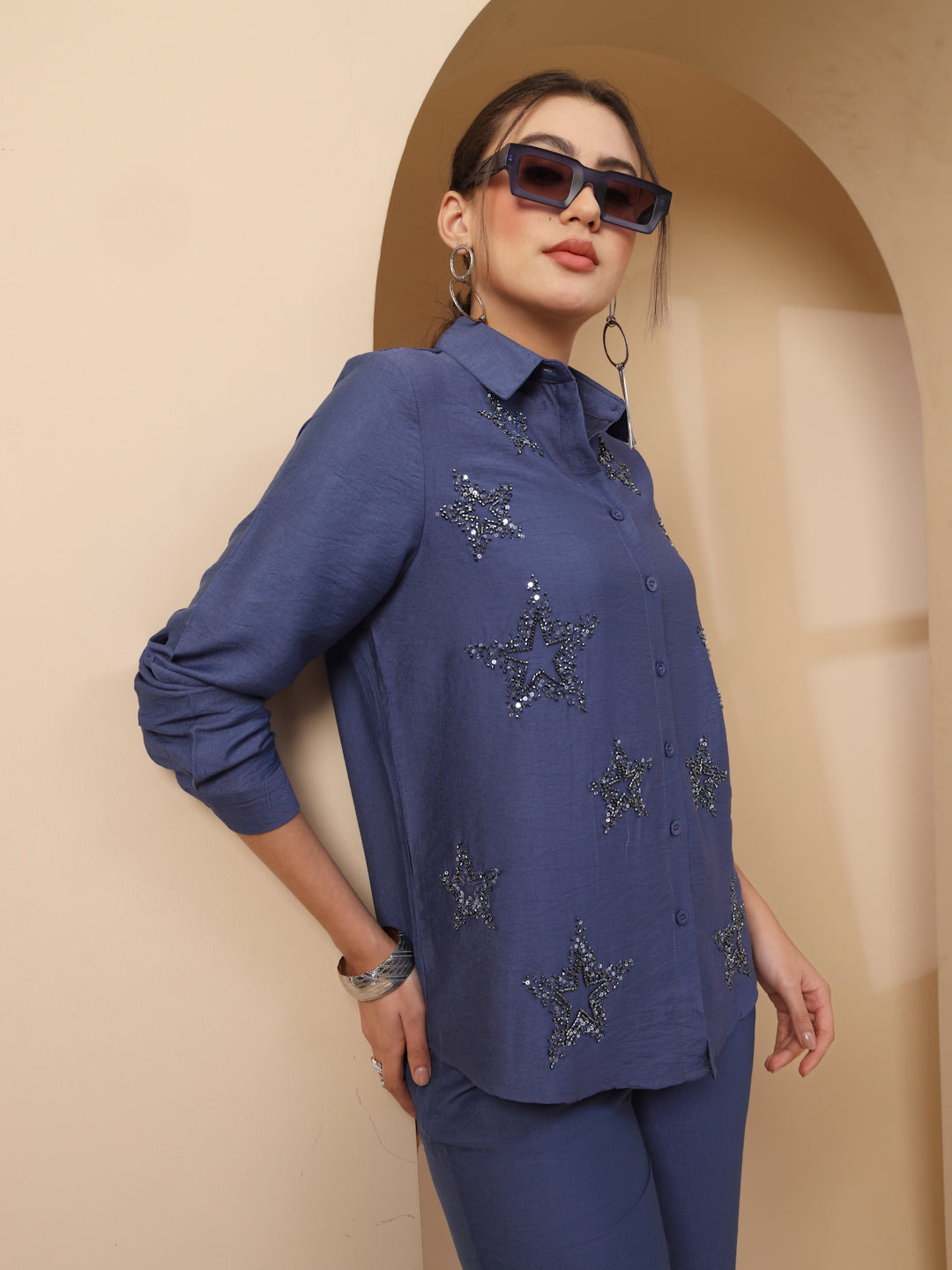 Thirty Threads Womens Blue Embellished Collar Neck Regular Co-Ord Set