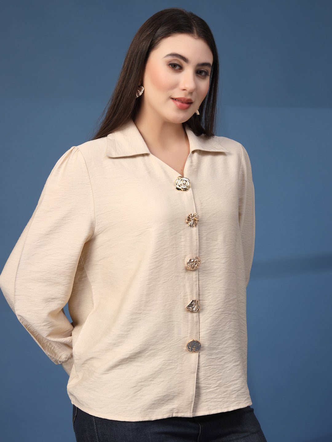 Thirty Threads Womens Beige Solid Collar Neck Long Sleeve Regular Length Shirt
