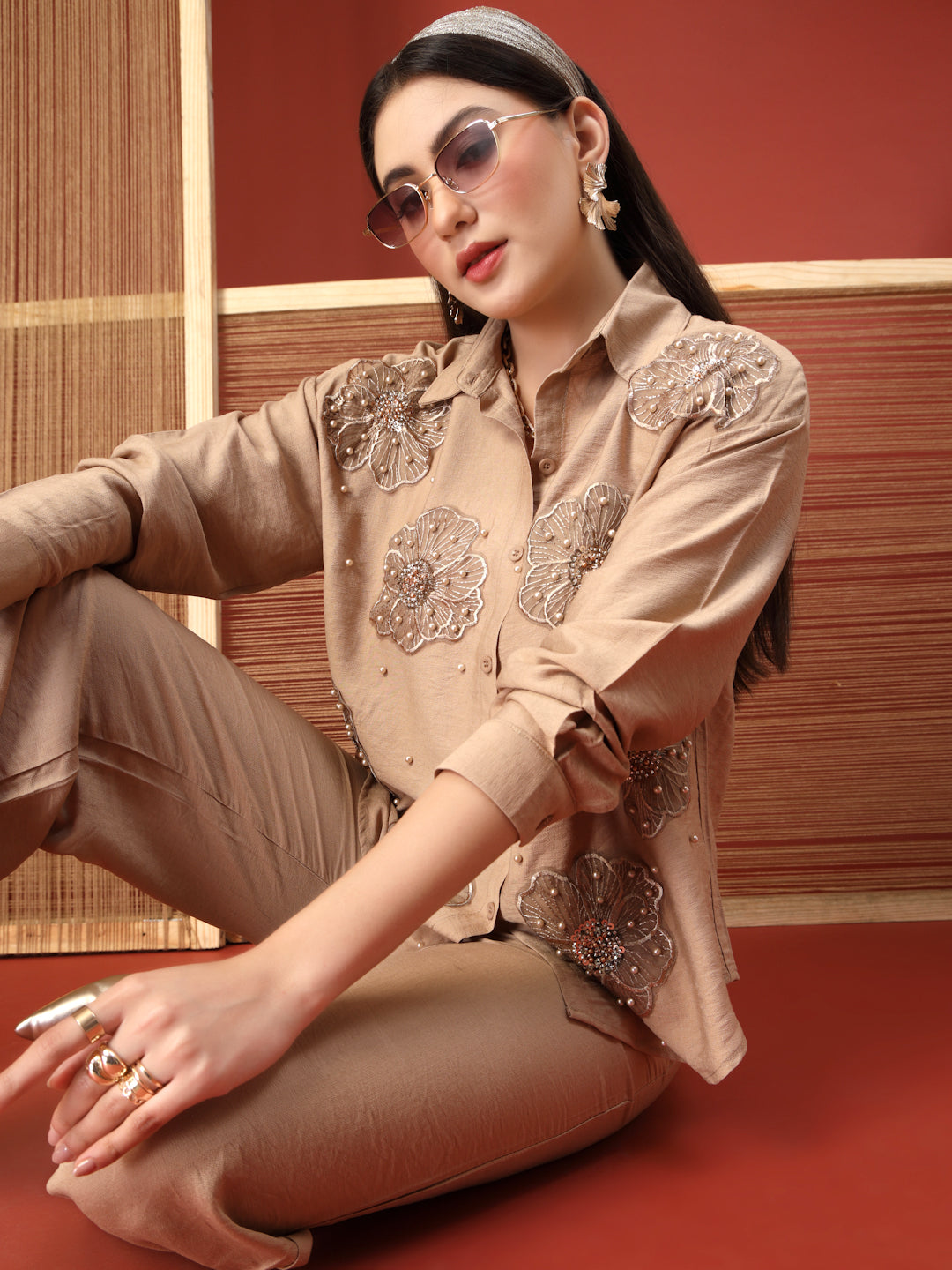 Thirty Threads Womens Beige Embellished Collar Neck Regular Co-Ord Set