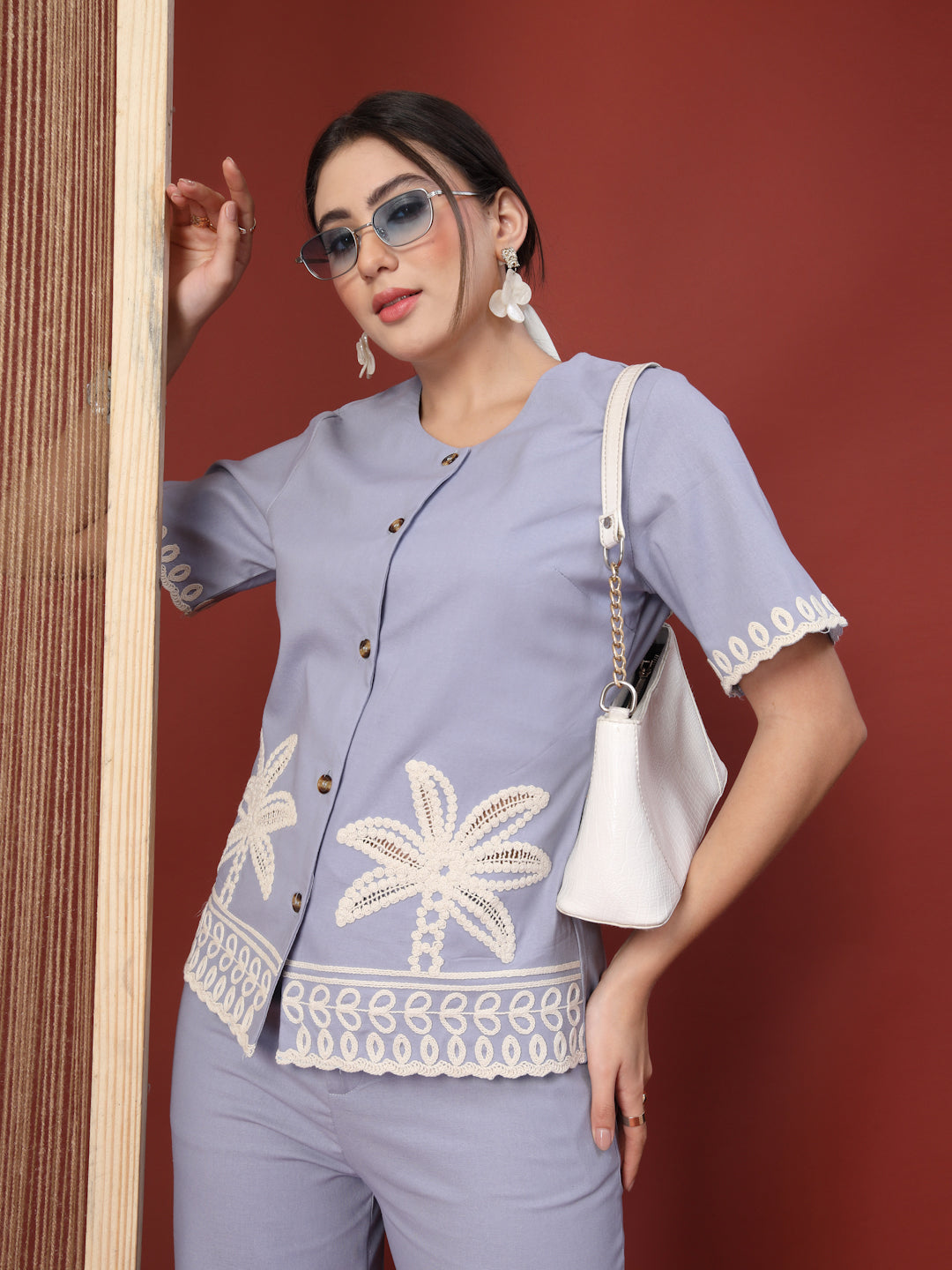 Thirty Threads Womens Beige Embroidered Round Neck Regular Co-Ord Set