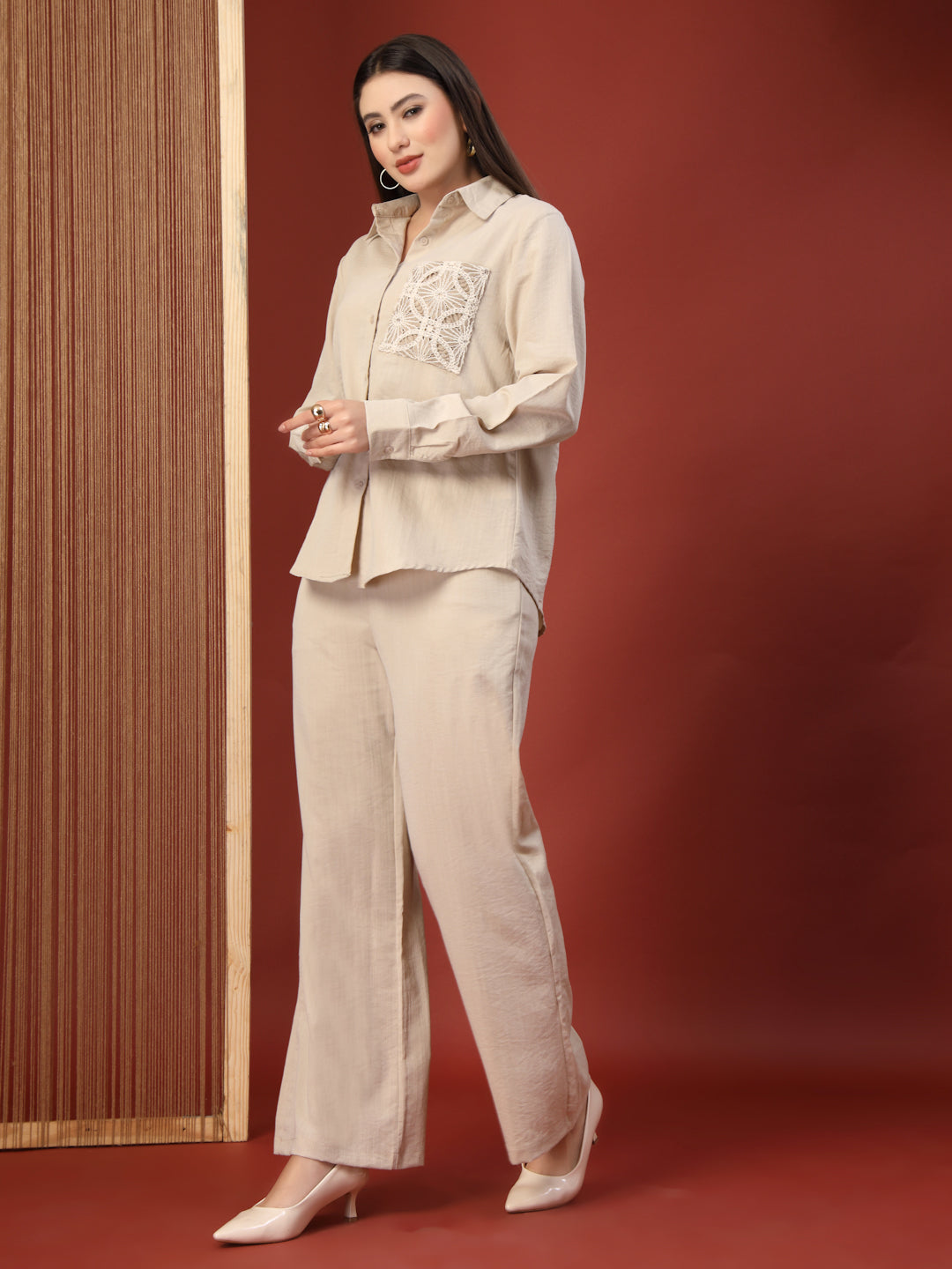 Thirty Threads Womens Beige Embroidered Collar Neck Regular Co-Ord Set