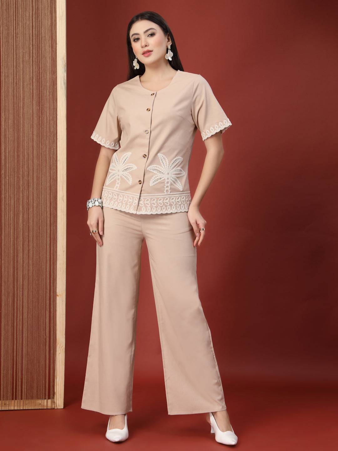 Thirty Threads Womens Beige Embroidered Round Neck Regular Co-Ord Set