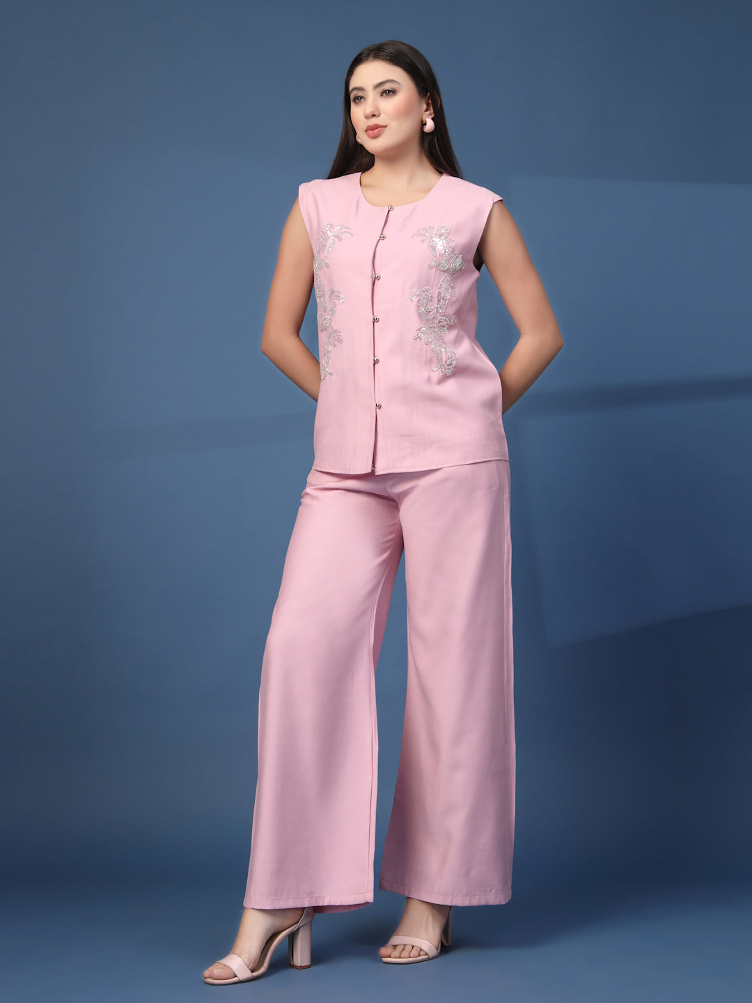 Thirty Threads Womens Lavender Embellished Round Neck Regular Co-Ord Set