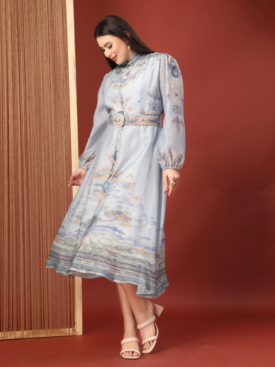 Thirty Threads Womens Multi Floral Mandrain Collar Calf Length Dress