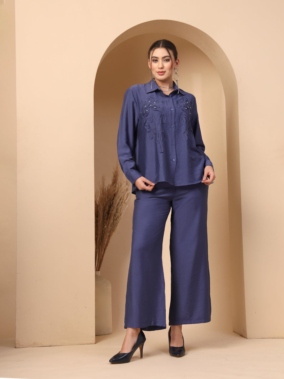 Thirty Threads Womens Onion Self Design Collar Neck Regular Co-Ord Set