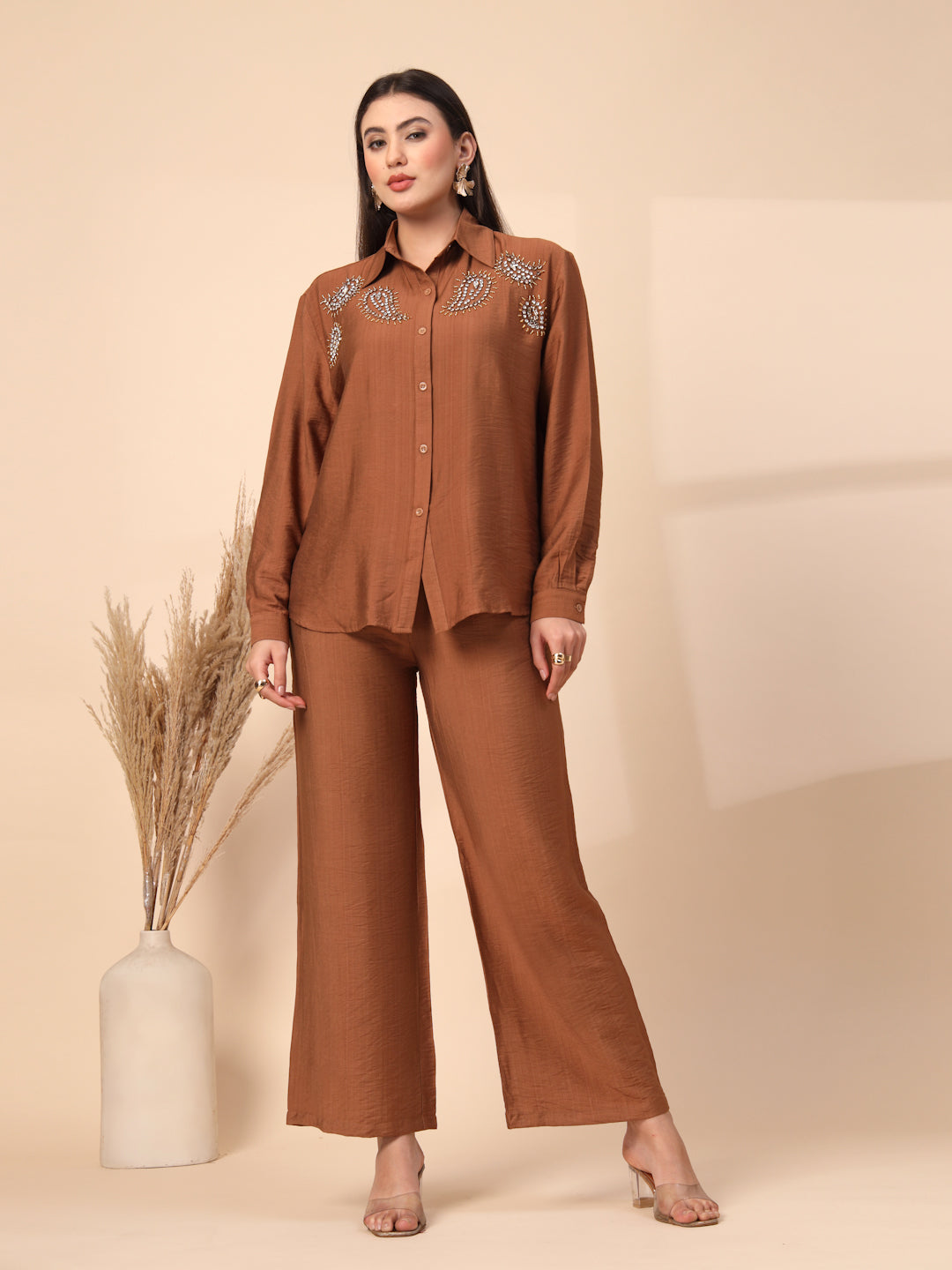 Thirty Threads Womens Green Embellished Collar Neck Regular Co-Ord Set