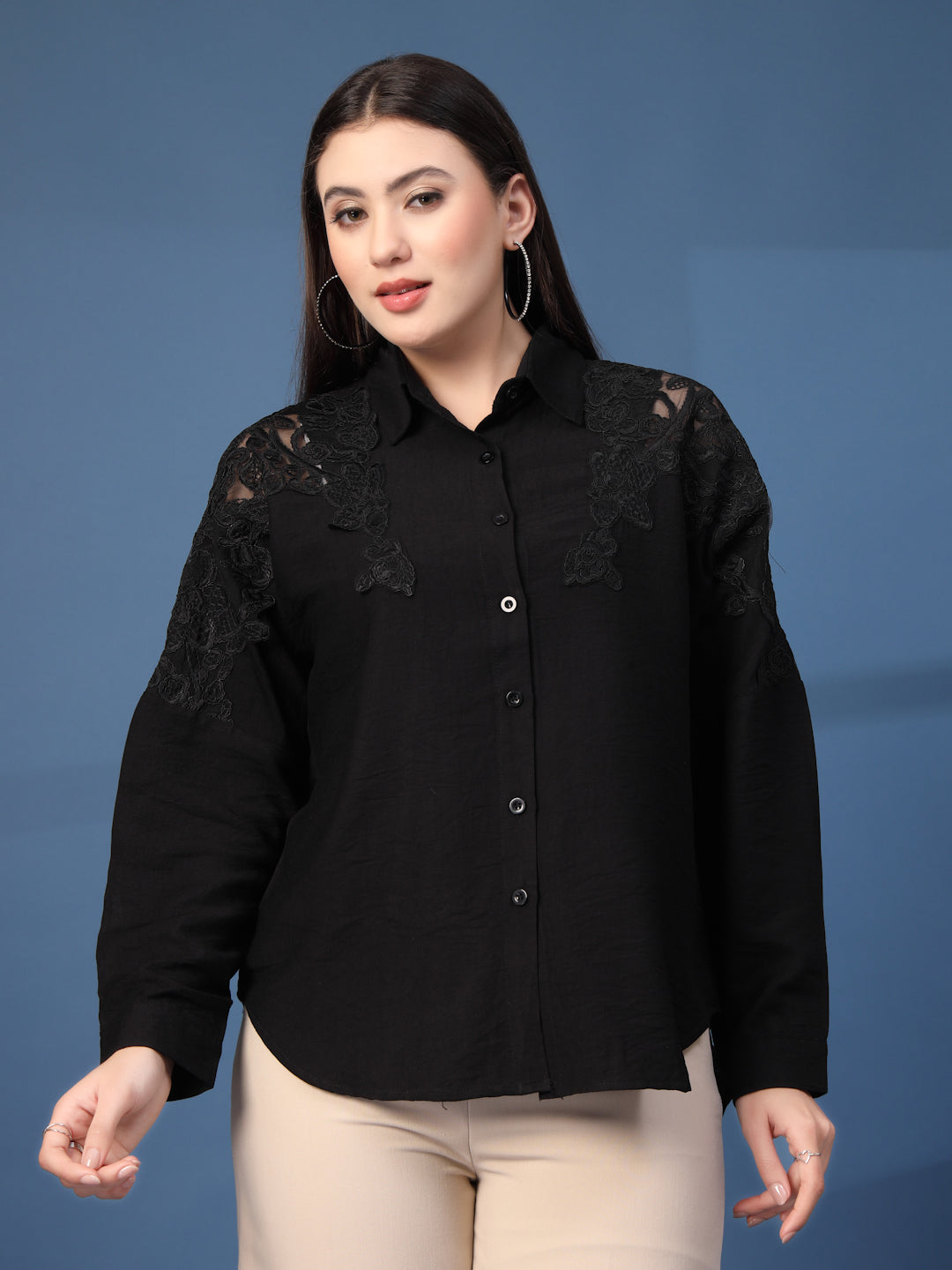 Thirty Threads Womens Peach Self Design Collar Neck Long Sleeve Regular Length Shirt