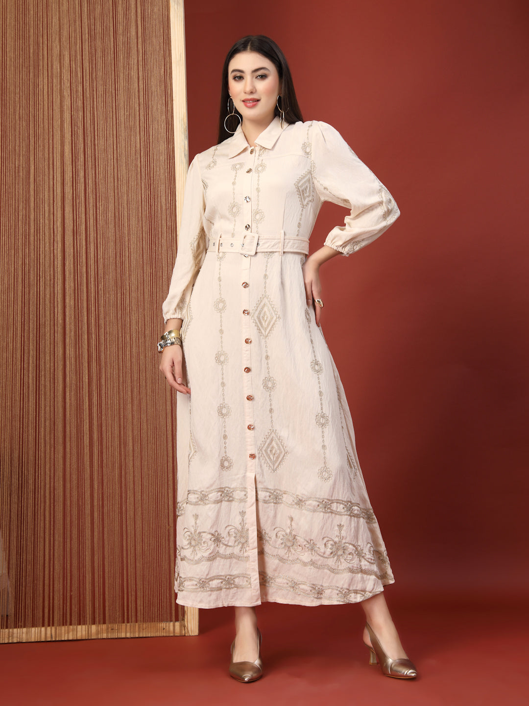 Thirty Threads Womens Oat Ethnic Motifs Collar Neck Ankle Length Dress