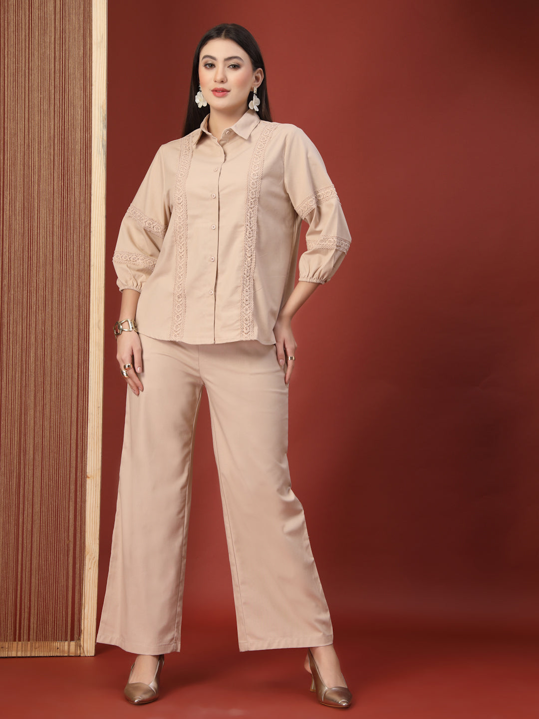 Thirty Threads Womens Beige Self Design Collar Neck Regular Co-Ord Set