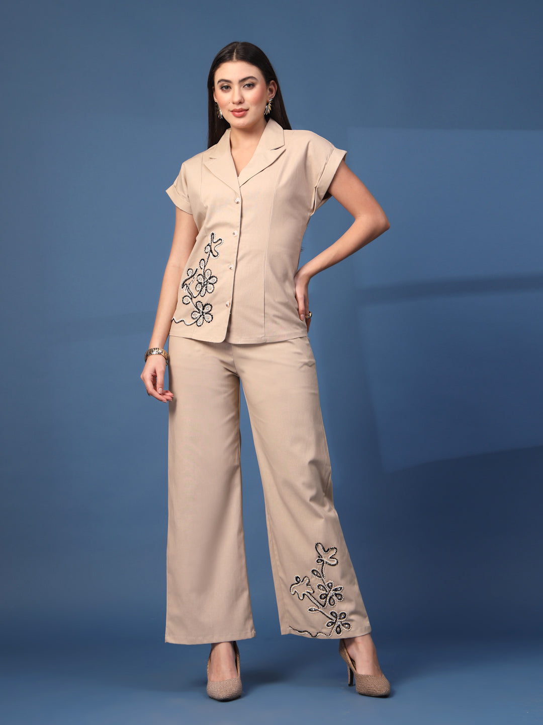 Thirty Threads Womens Rust Embroidered Lepal Neck Regular Co-Ord Set