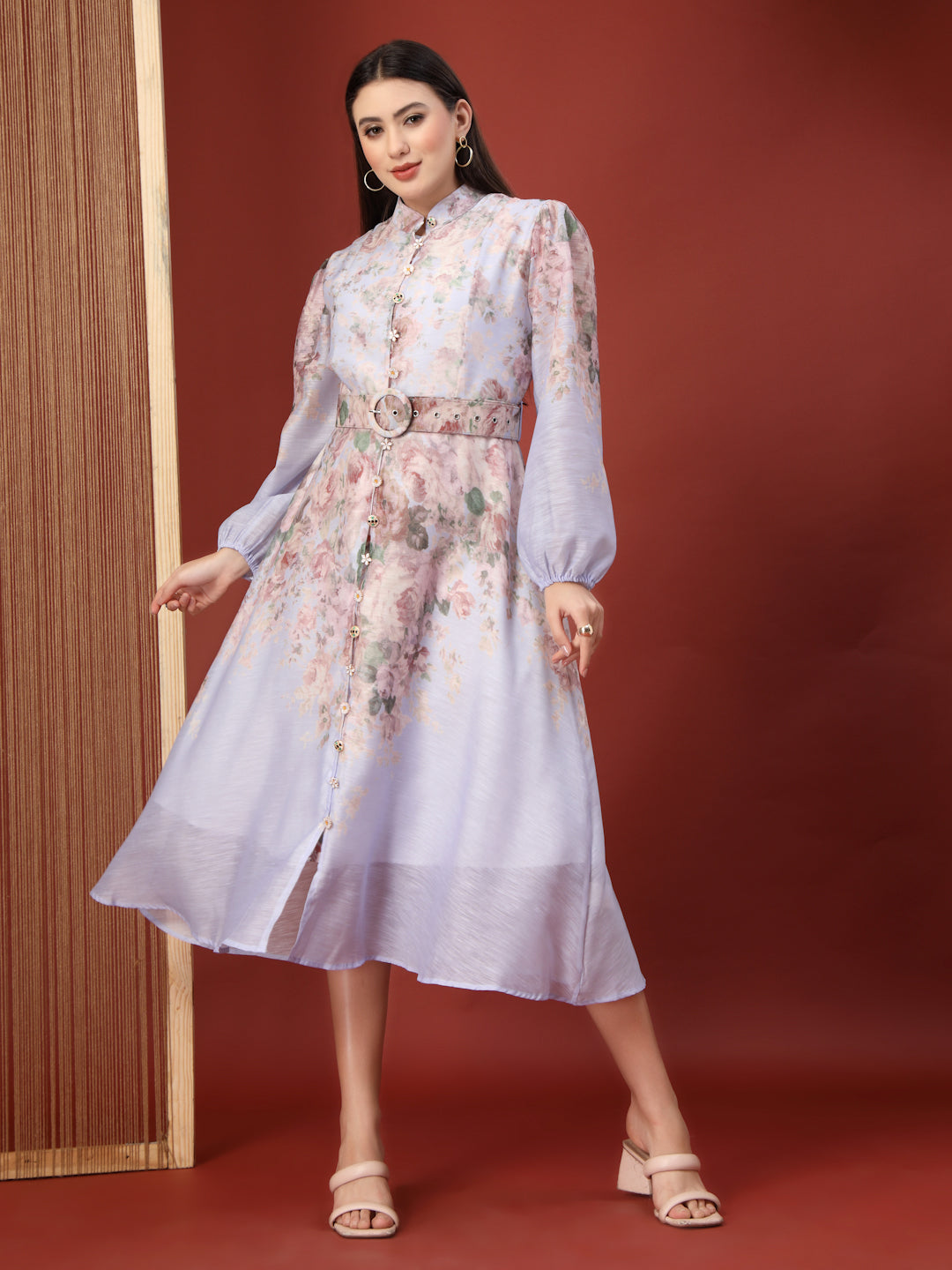 Thirty Threads Womens Peach Floral Mandrain Collar Calf Length Dress