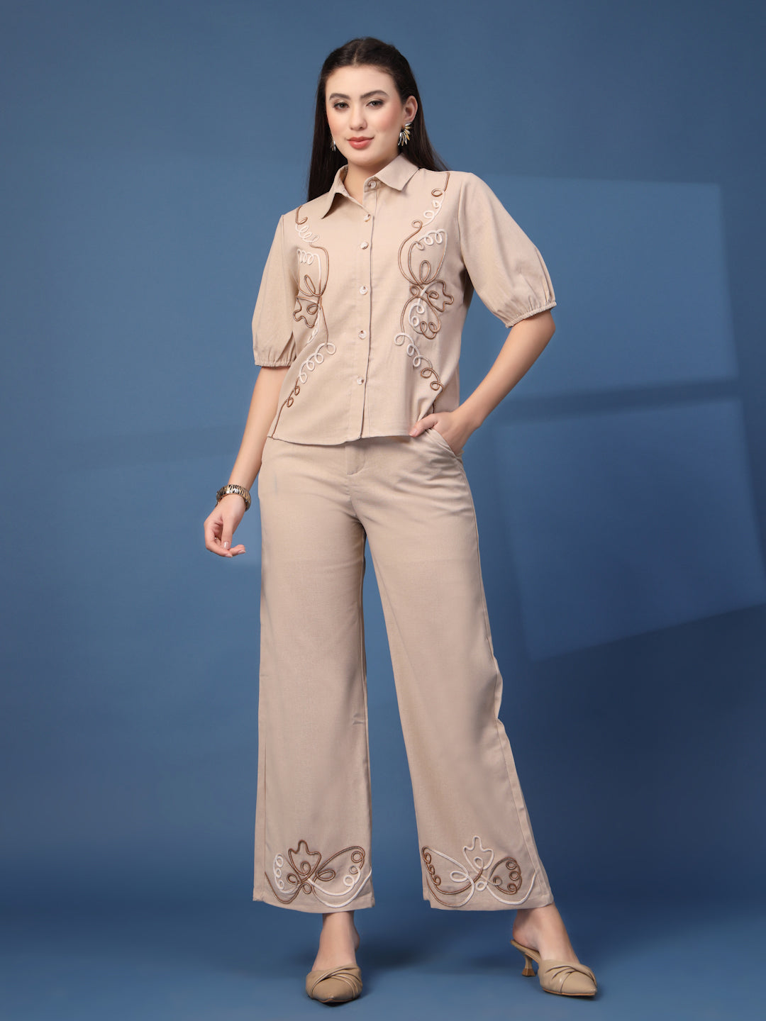 Thirty Threads Womens Beige Embroidered Collar Neck Regular Co-Ord Set