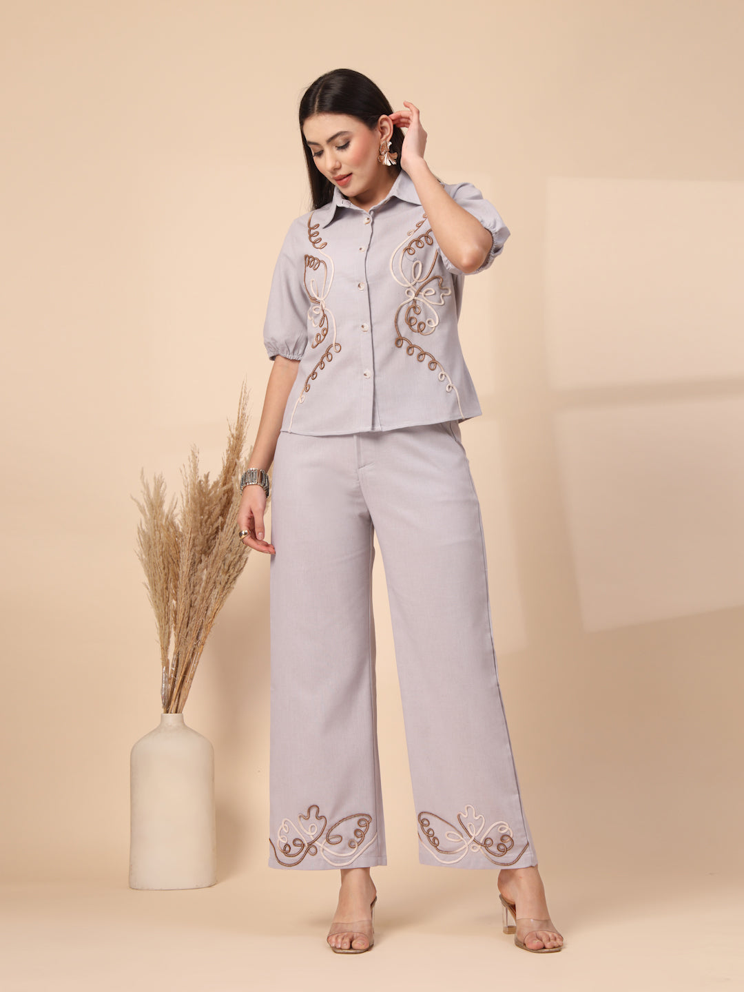 Thirty Threads Womens Lavender Embroidered Collar Neck Regular Co-Ord Set