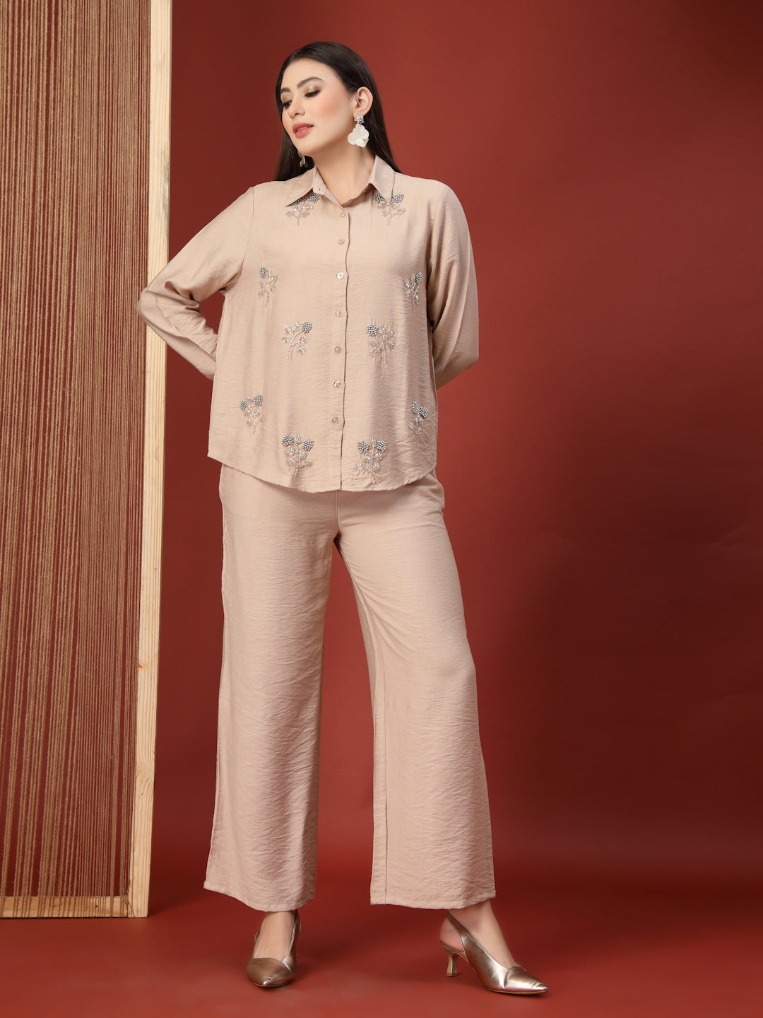 Thirty Threads Womens Beige Embellished Collar Neck Regular Co-Ord Set