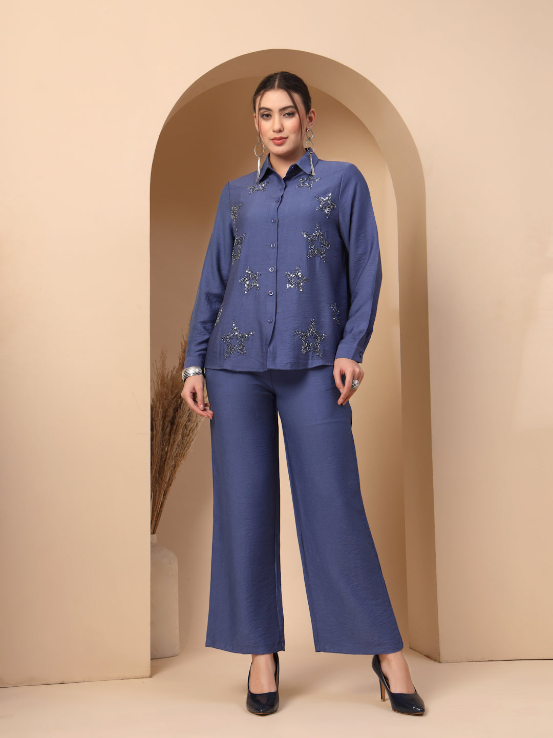Thirty Threads Womens Blue Embellished Collar Neck Regular Co-Ord Set