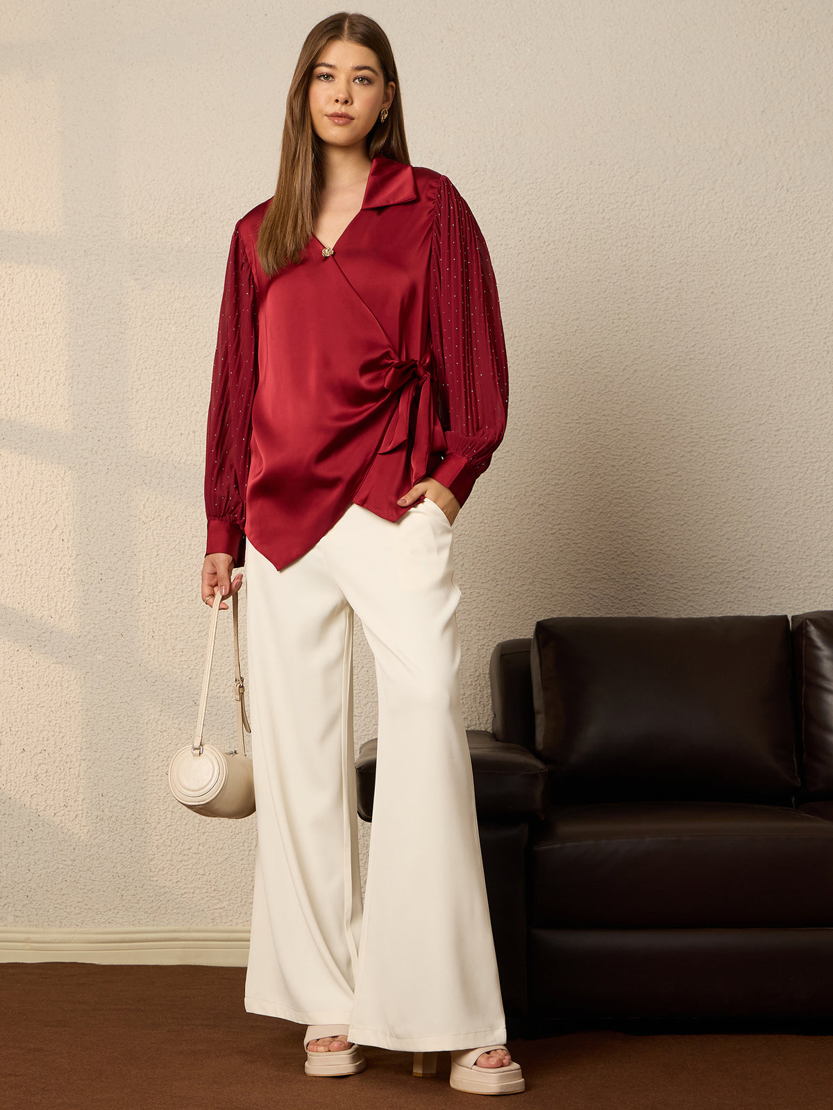 Thirty Threads Womens Blue Embellished V- Neck Long Sleeve Regular Length Shirt