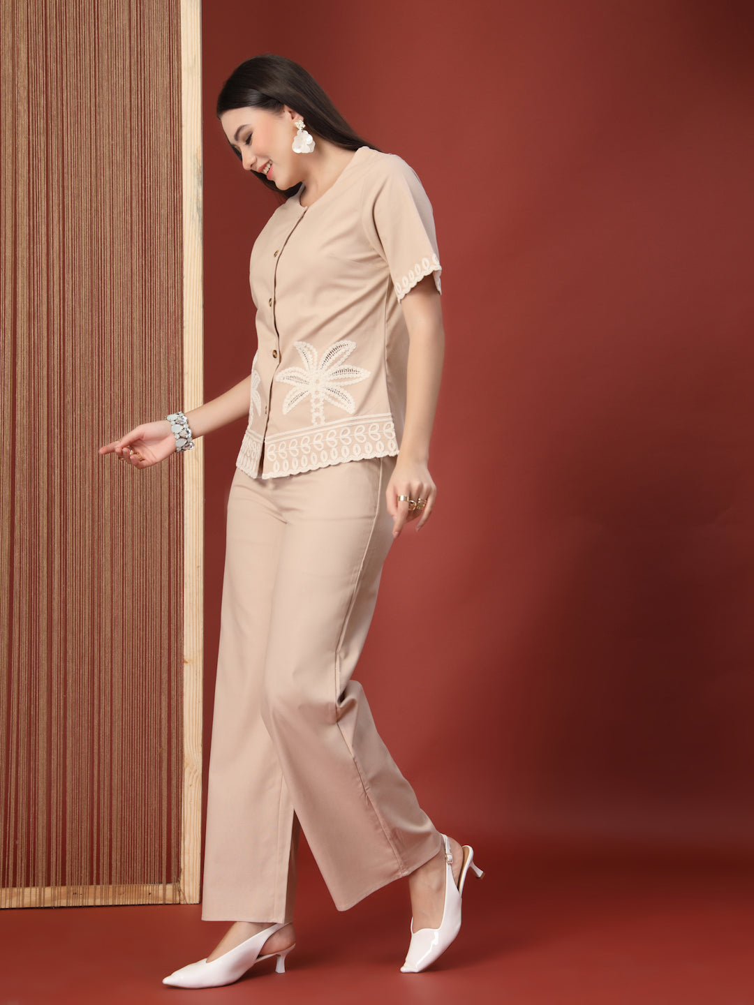 Thirty Threads Womens Beige Embroidered Round Neck Regular Co-Ord Set
