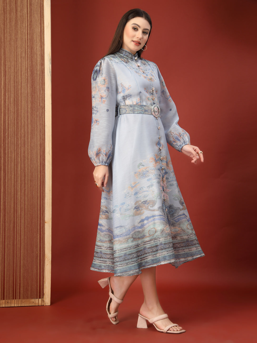 Thirty Threads Womens Multi Floral Mandrain Collar Calf Length Dress