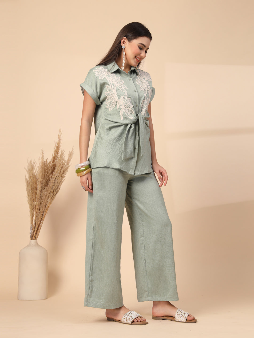 Thirty Threads Womens Green Embroidered Collar Neck Regular Co-Ord Set
