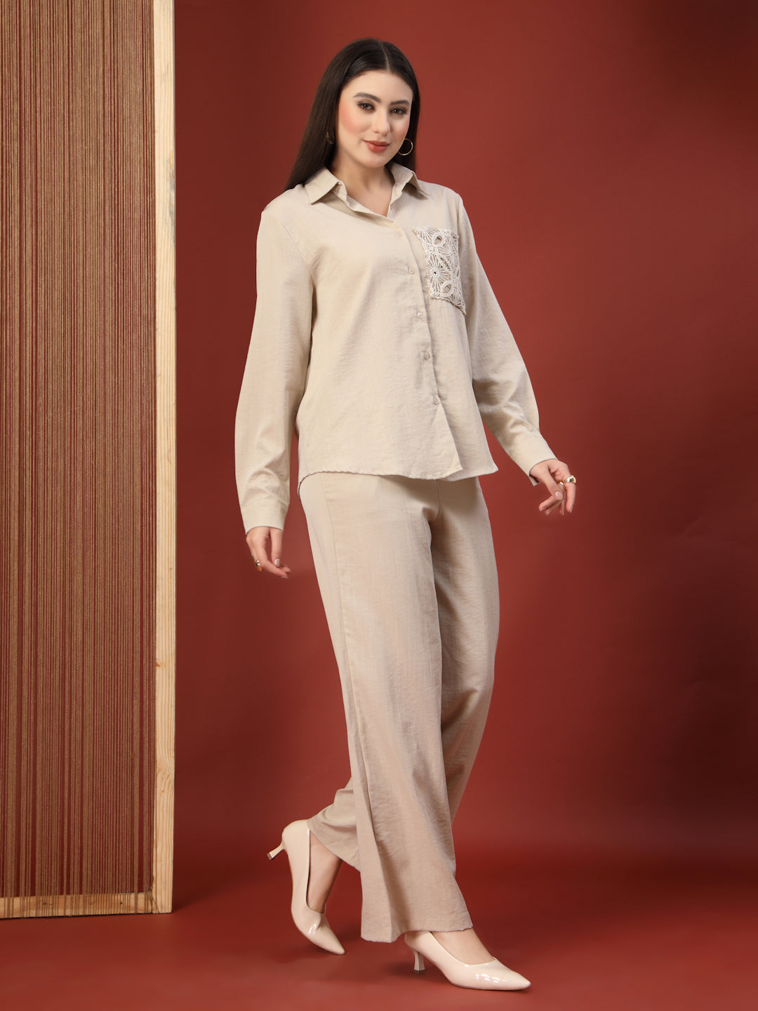 Thirty Threads Womens Coffee Embroidered Collar Neck Regular Co-Ord Set