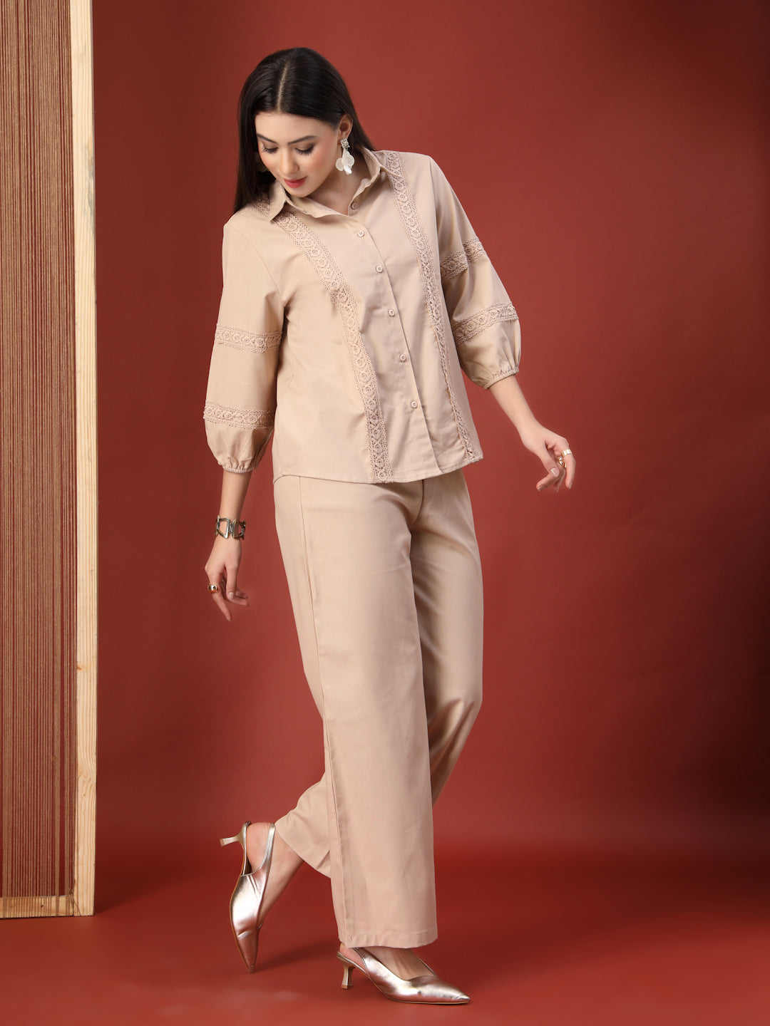 Thirty Threads Womens Beige Self Design Collar Neck Regular Co-Ord Set