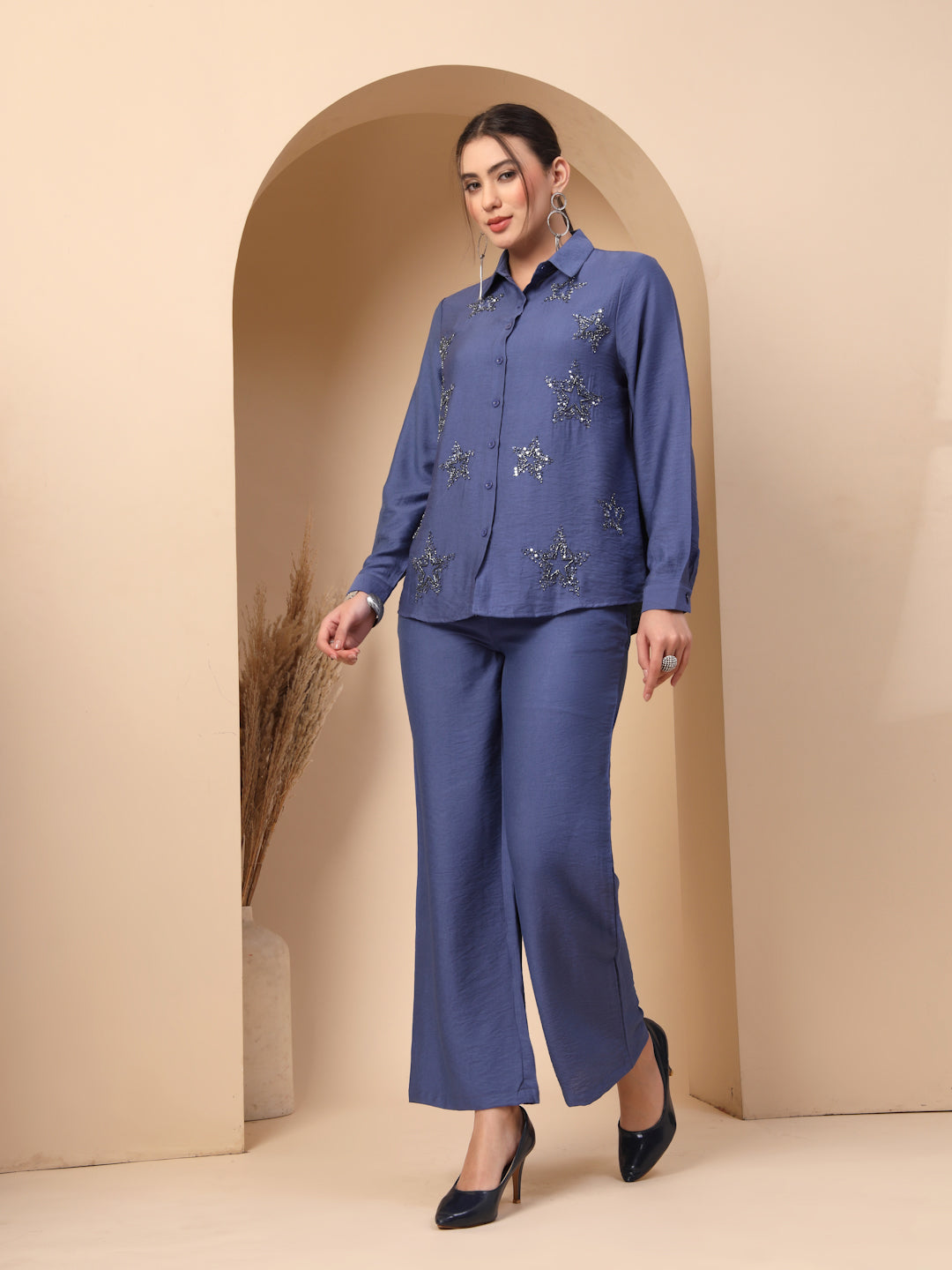 Thirty Threads Womens Blue Embellished Collar Neck Regular Co-Ord Set