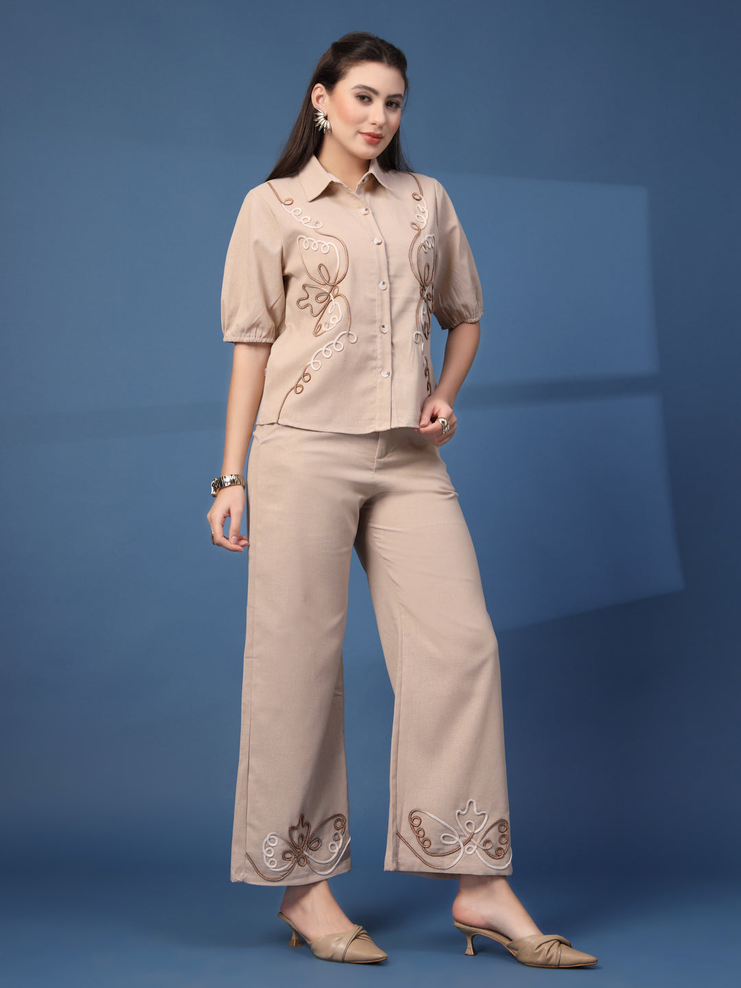 Thirty Threads Womens Lavender Embroidered Collar Neck Regular Co-Ord Set