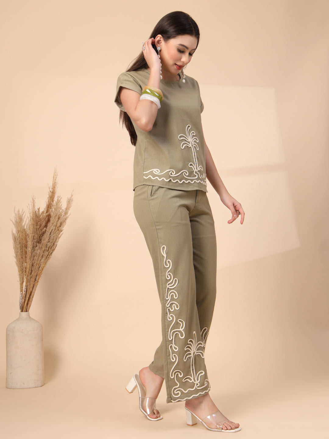 Thirty Threads Womens Green Embroidered Round Neck Regular Co-Ord Set