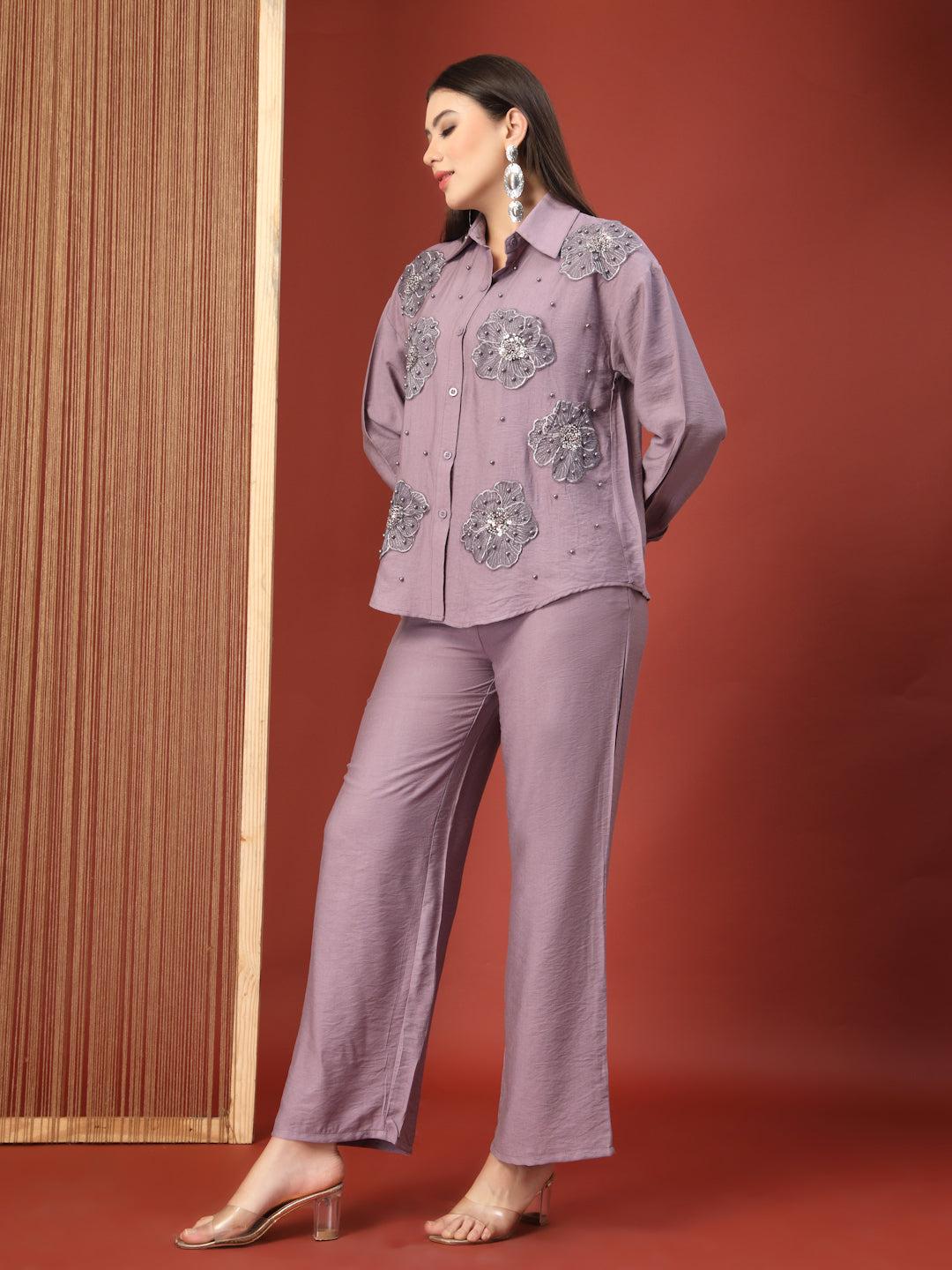 Thirty Threads Womens Lavender Embellished Collar Neck Regular Co-Ord Set