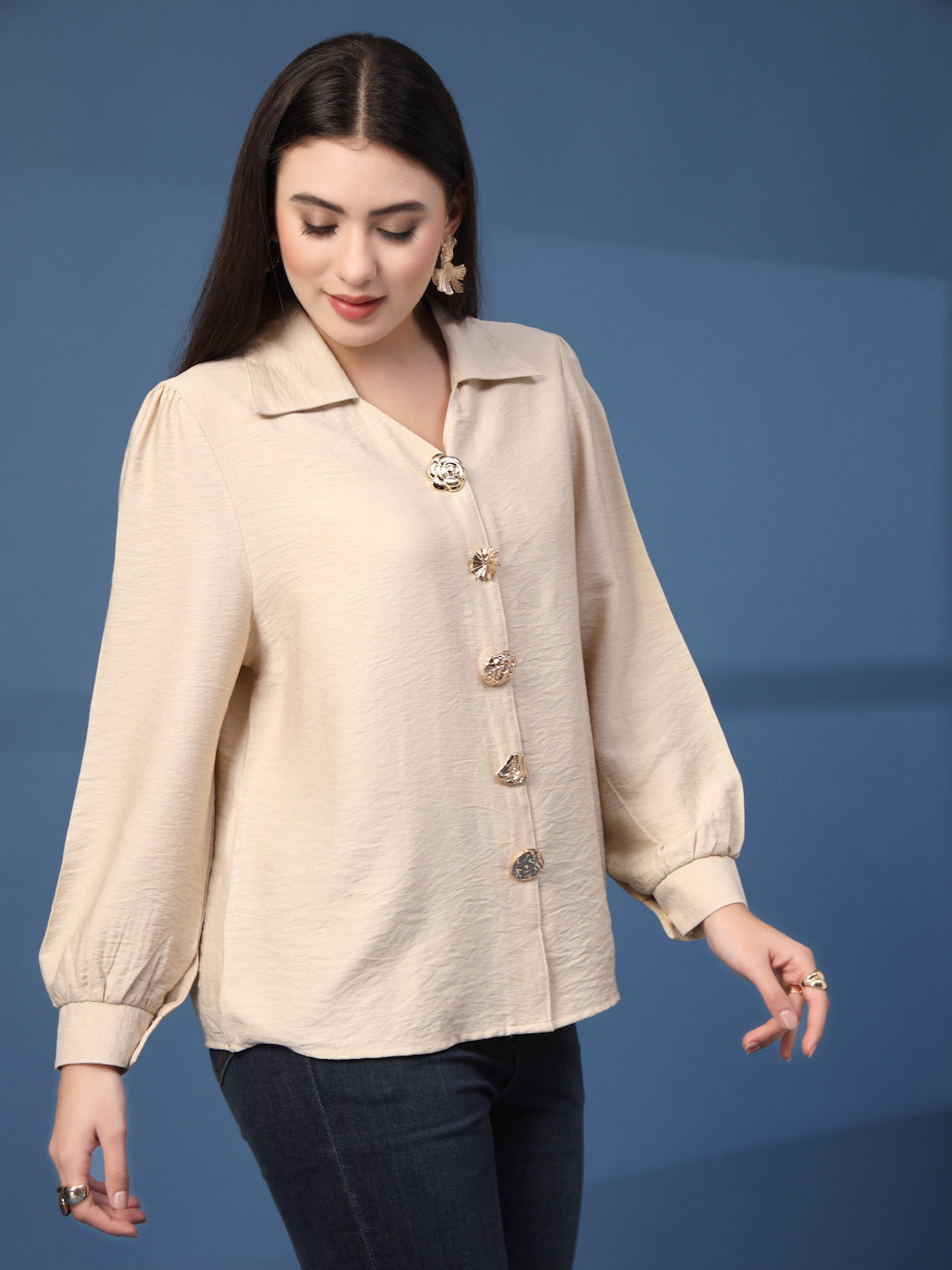 Thirty Threads Womens Beige Solid Collar Neck Long Sleeve Regular Length Shirt