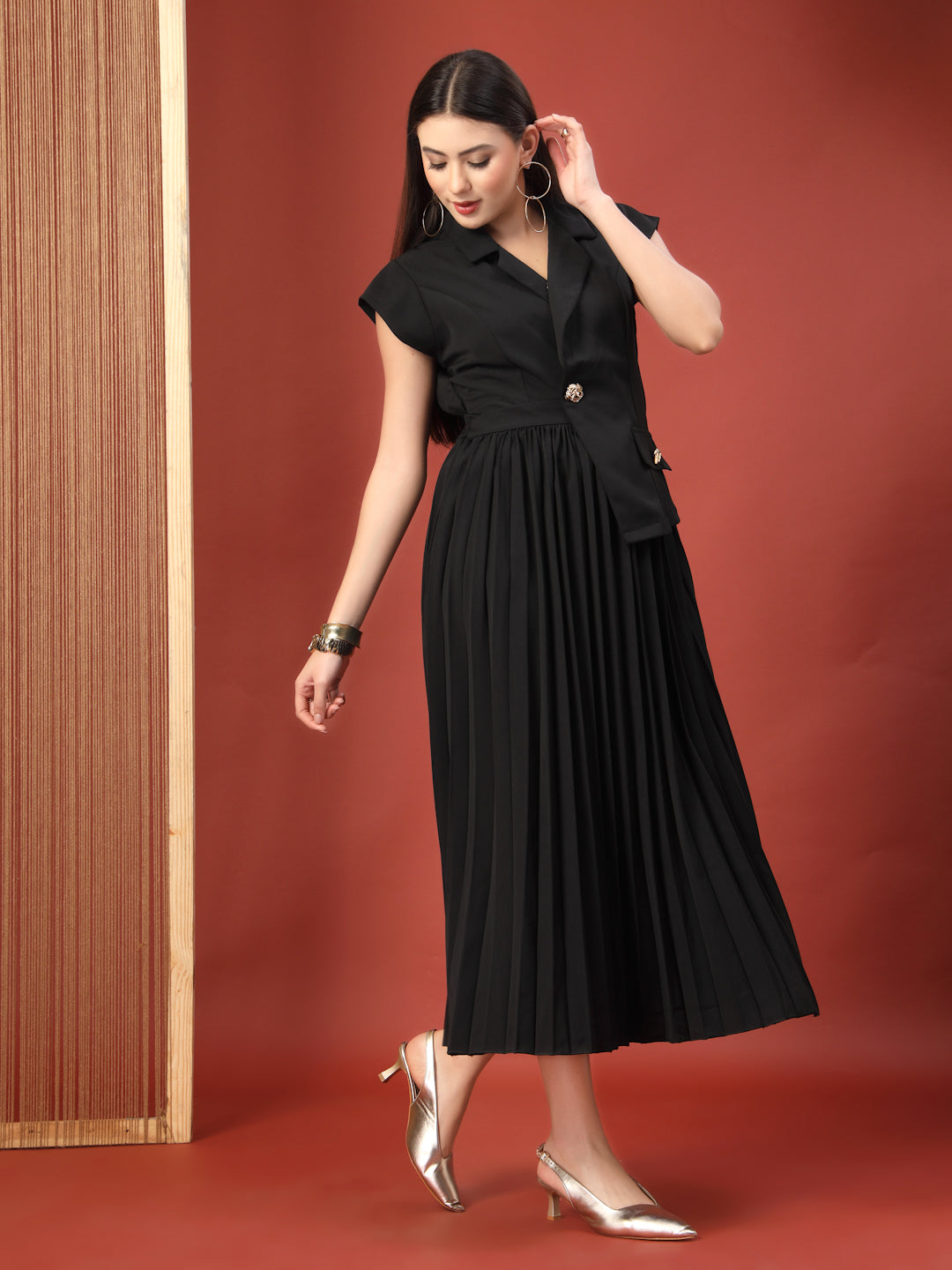 Thirty Threads Womens Black Solid Collar Neck Calf Length Dress