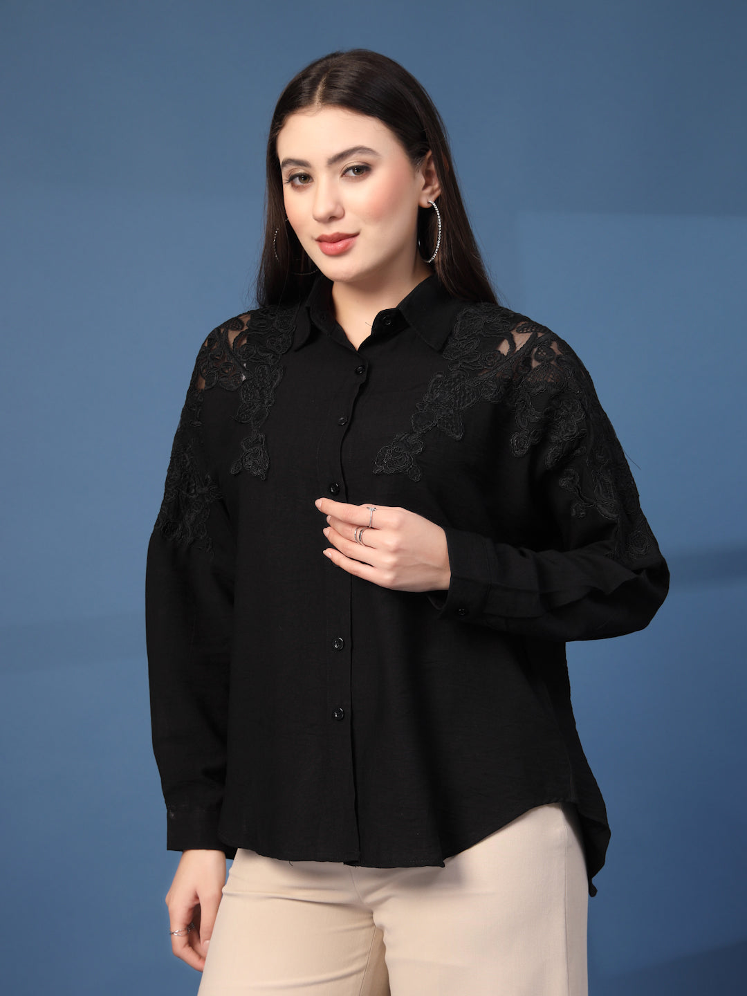 Thirty Threads Womens Peach Self Design Collar Neck Long Sleeve Regular Length Shirt