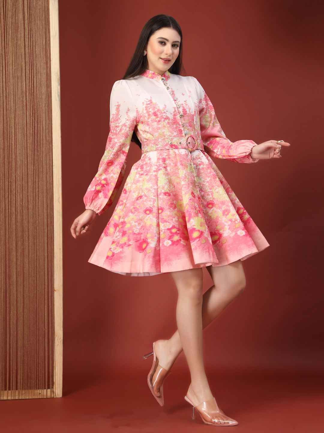 Thirty Threads Floral Printed Mandarin Collar Bishop Sleeve Fit & Flare Dress