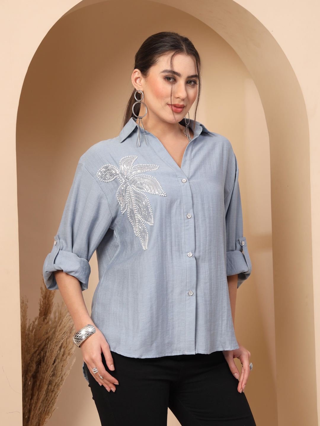 Thirty Threads Comfort Floral Embellished Spread Collar Relaxed Fit Casual Shirt