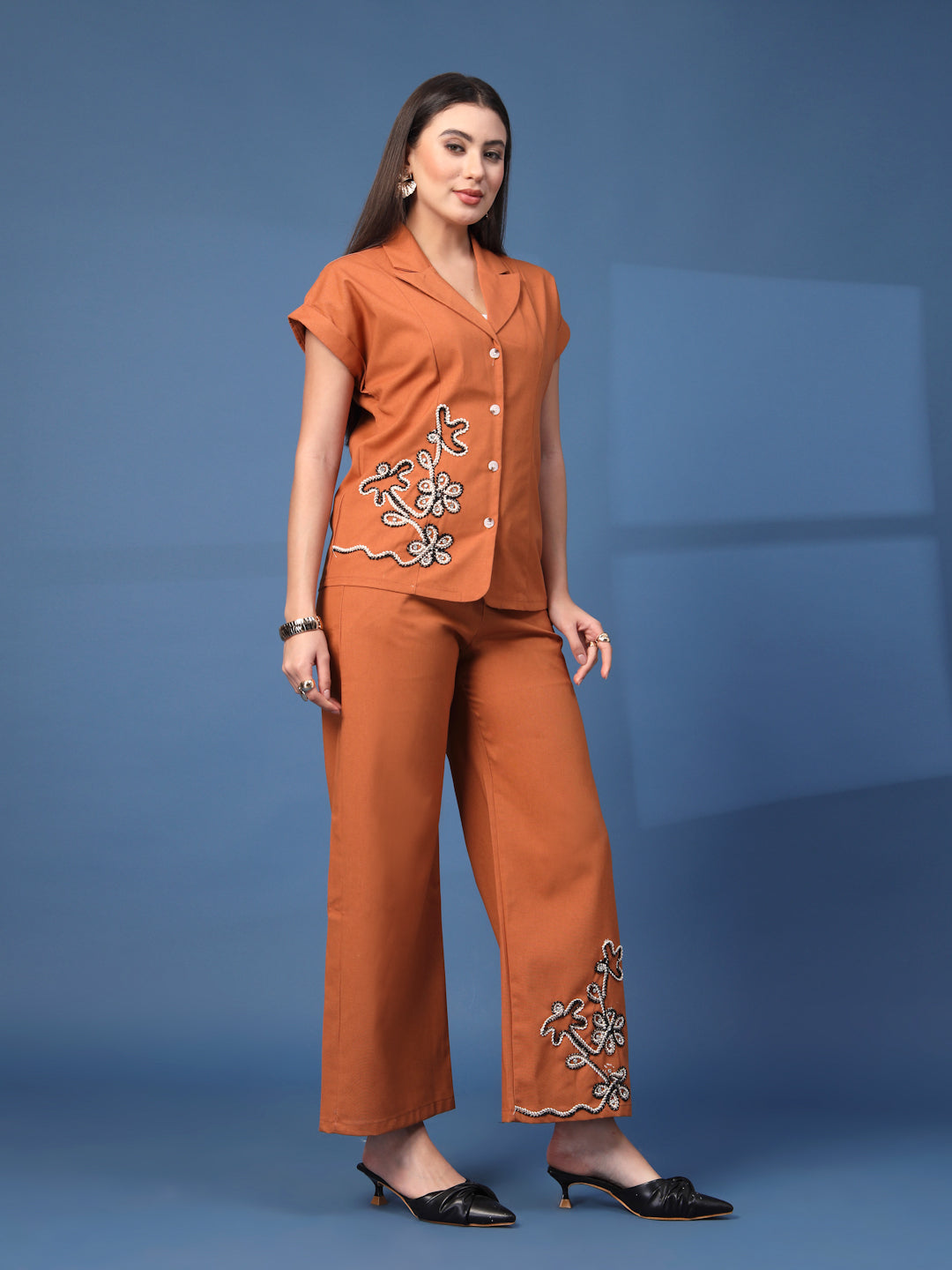 Thirty Threads Womens Beige Embroidered Lepal Neck Regular Co-Ord Set