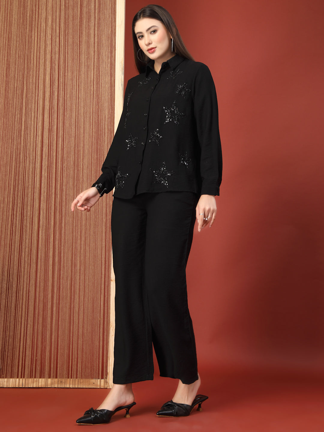 Thirty Threads Womens Black Embellished Collar Neck Regular Co-Ord Set