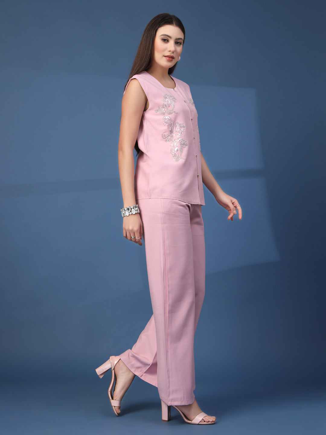 Thirty Threads Womens Lavender Embellished Round Neck Regular Co-Ord Set