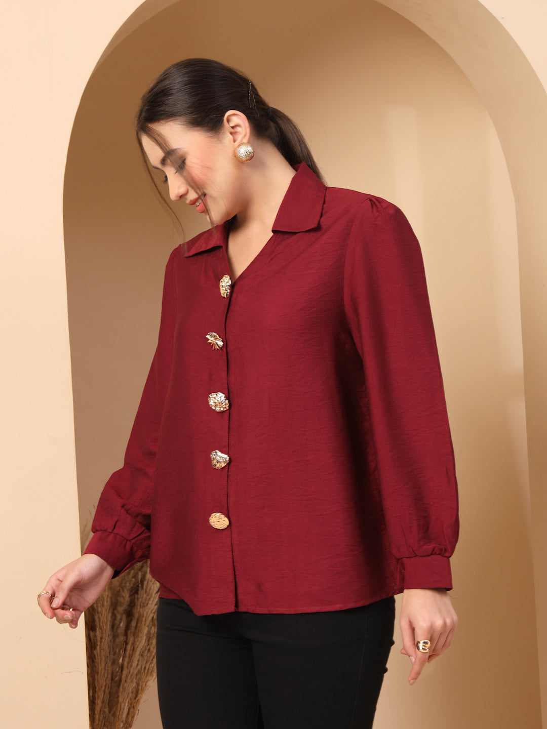 Thirty Threads Womens Beige Solid Collar Neck Long Sleeve Regular Length Shirt