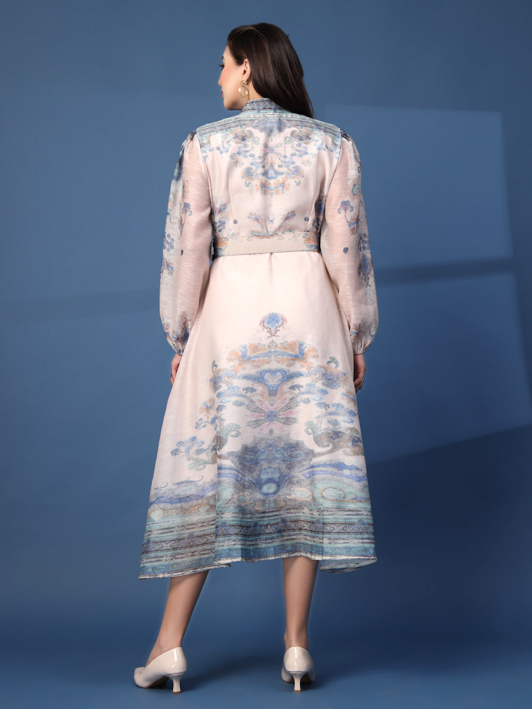 Thirty Threads Womens Multi Floral Mandrain Collar Calf Length Dress