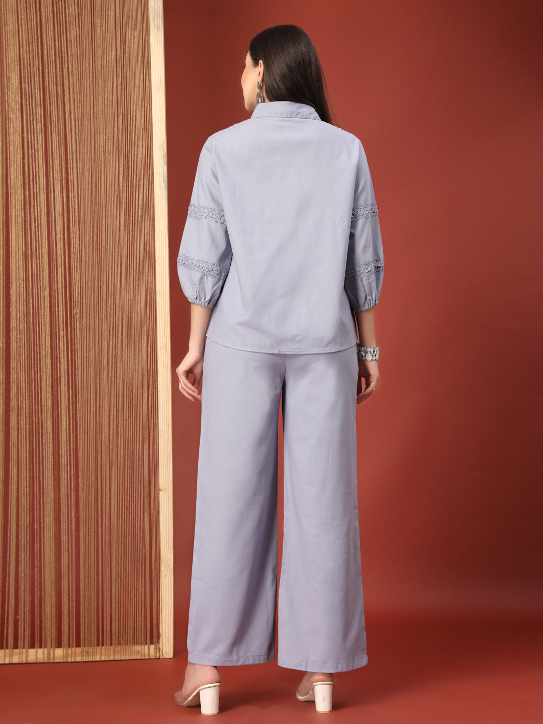 Thirty Threads Womens Blue Self Design Collar Neck Regular Co-Ord Set