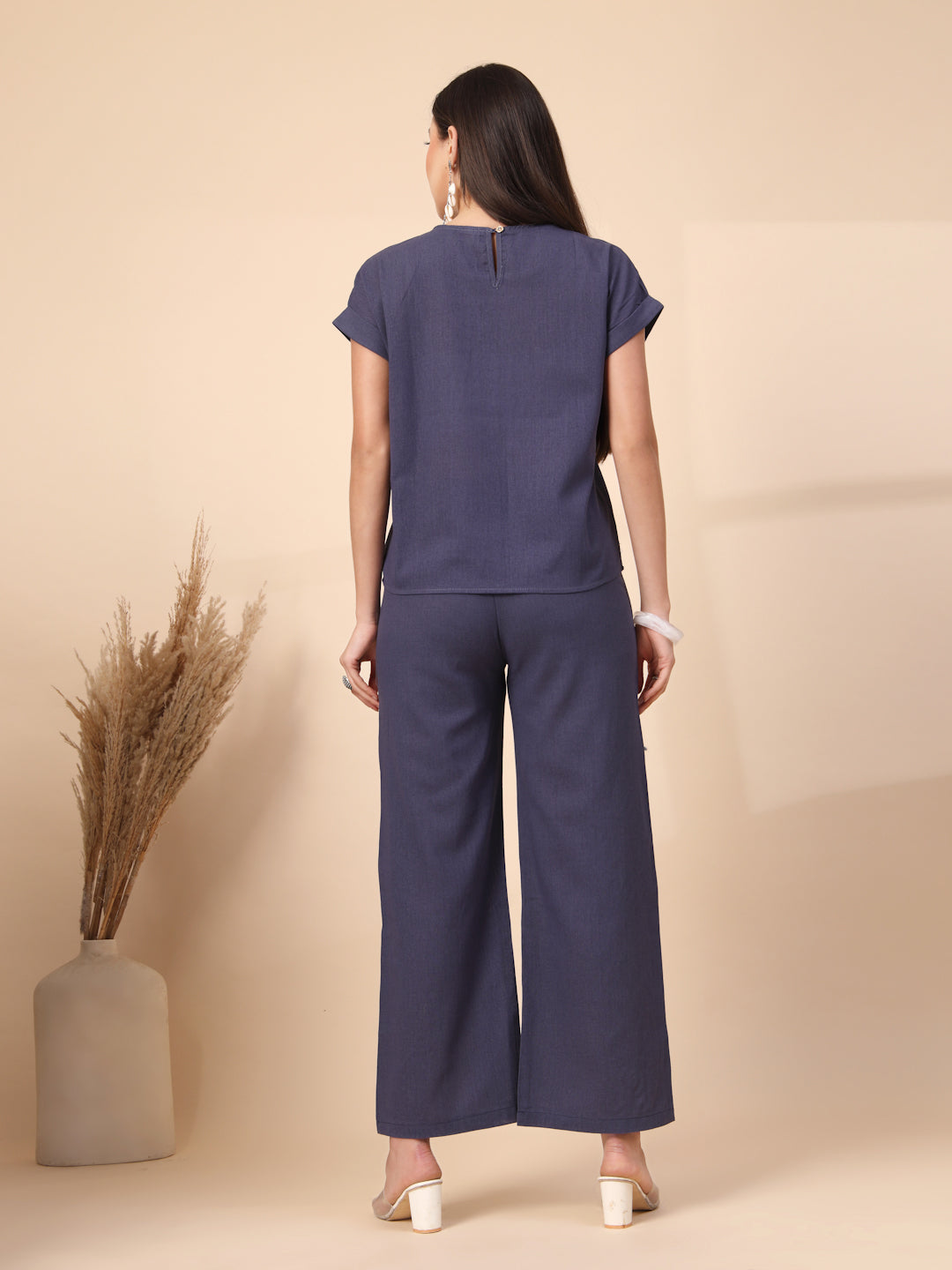 Thirty Threads Womens Blue Embroidered Round Neck Regular Co-Ord Set