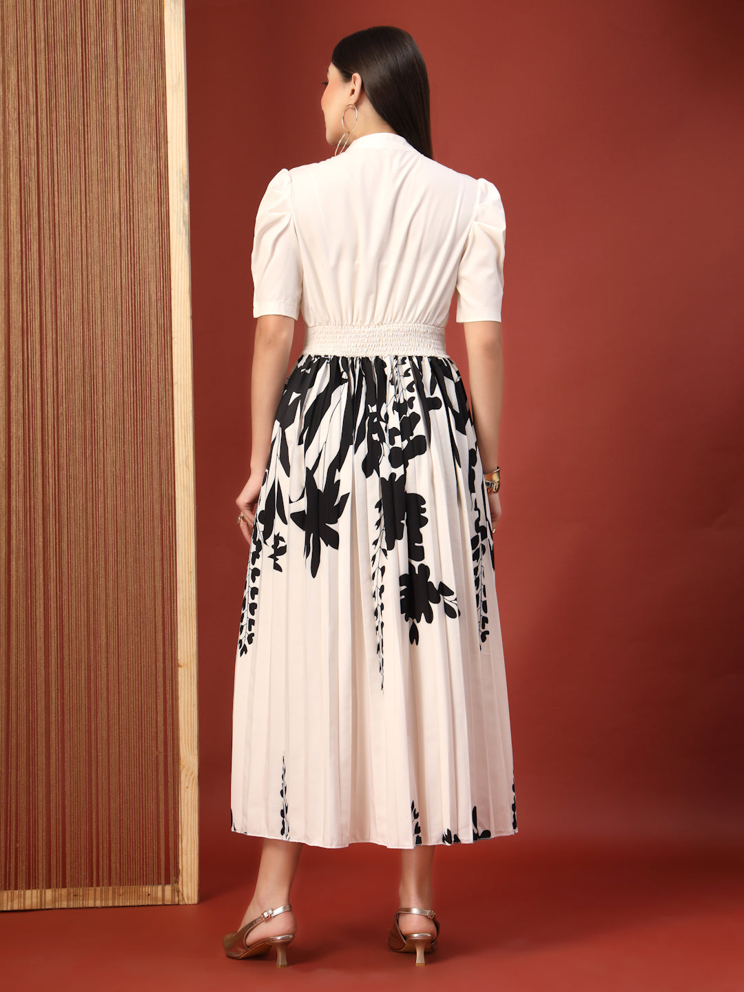 Thirty Threads Womens Off White Floral Mandrain Collar Ankle Length Dress