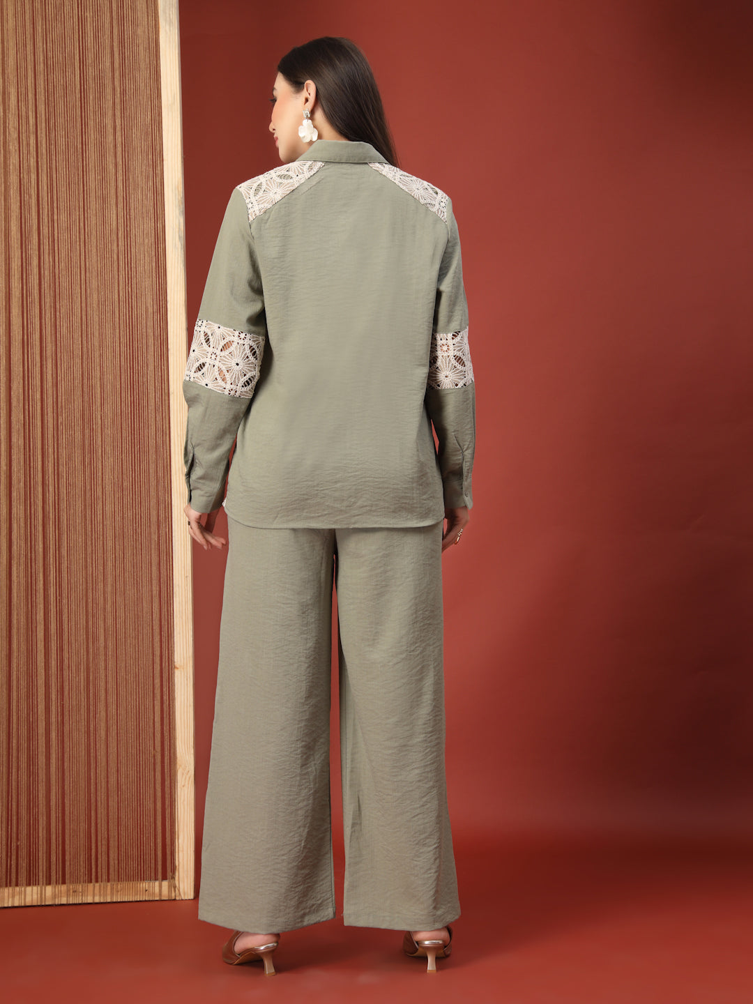 Thirty Threads Womens Beige Self Design Collar Neck Regular Co-Ord Set