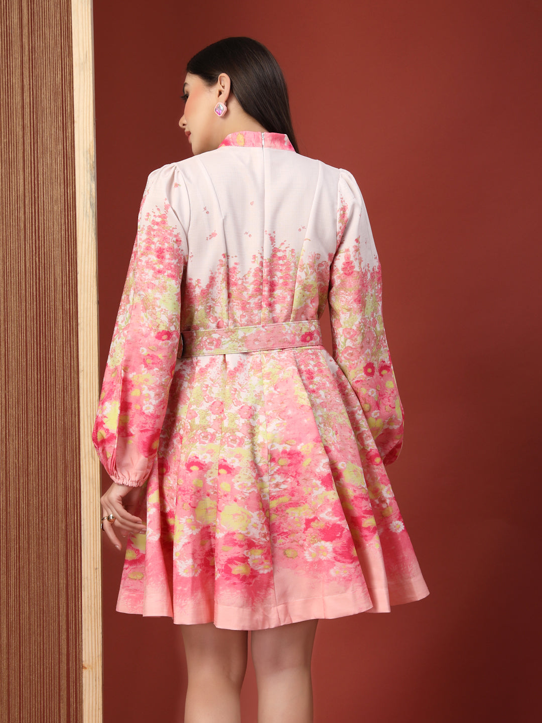 Thirty Threads Floral Printed Mandarin Collar Bishop Sleeve Fit & Flare Dress