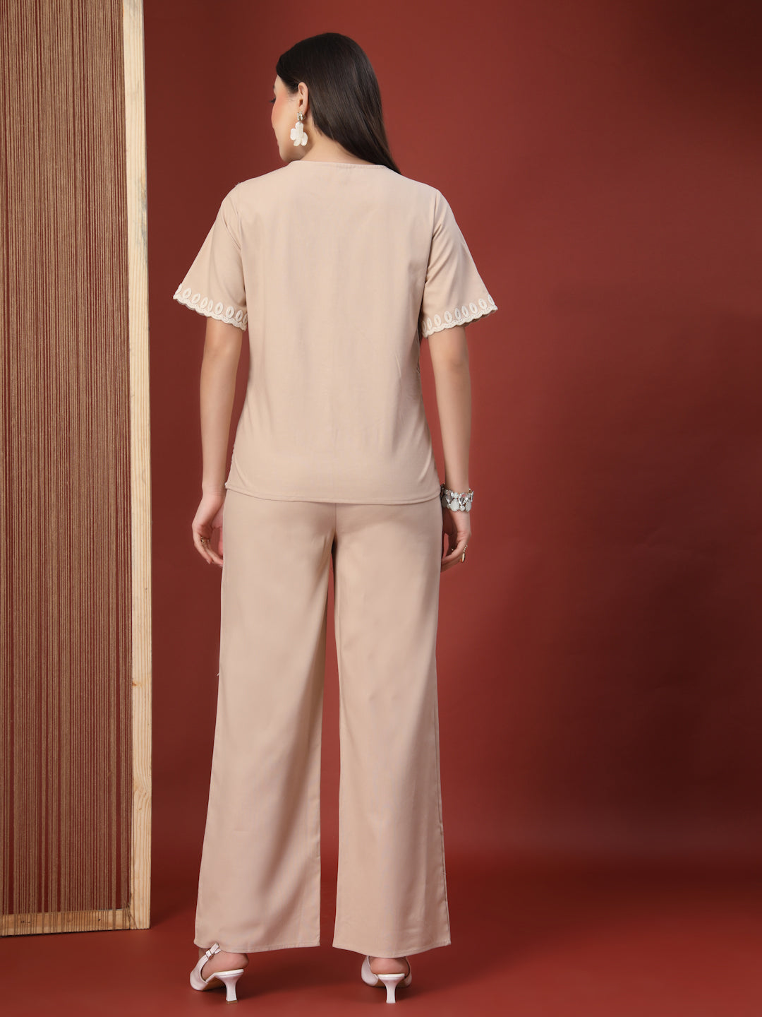 Thirty Threads Womens Beige Embroidered Round Neck Regular Co-Ord Set