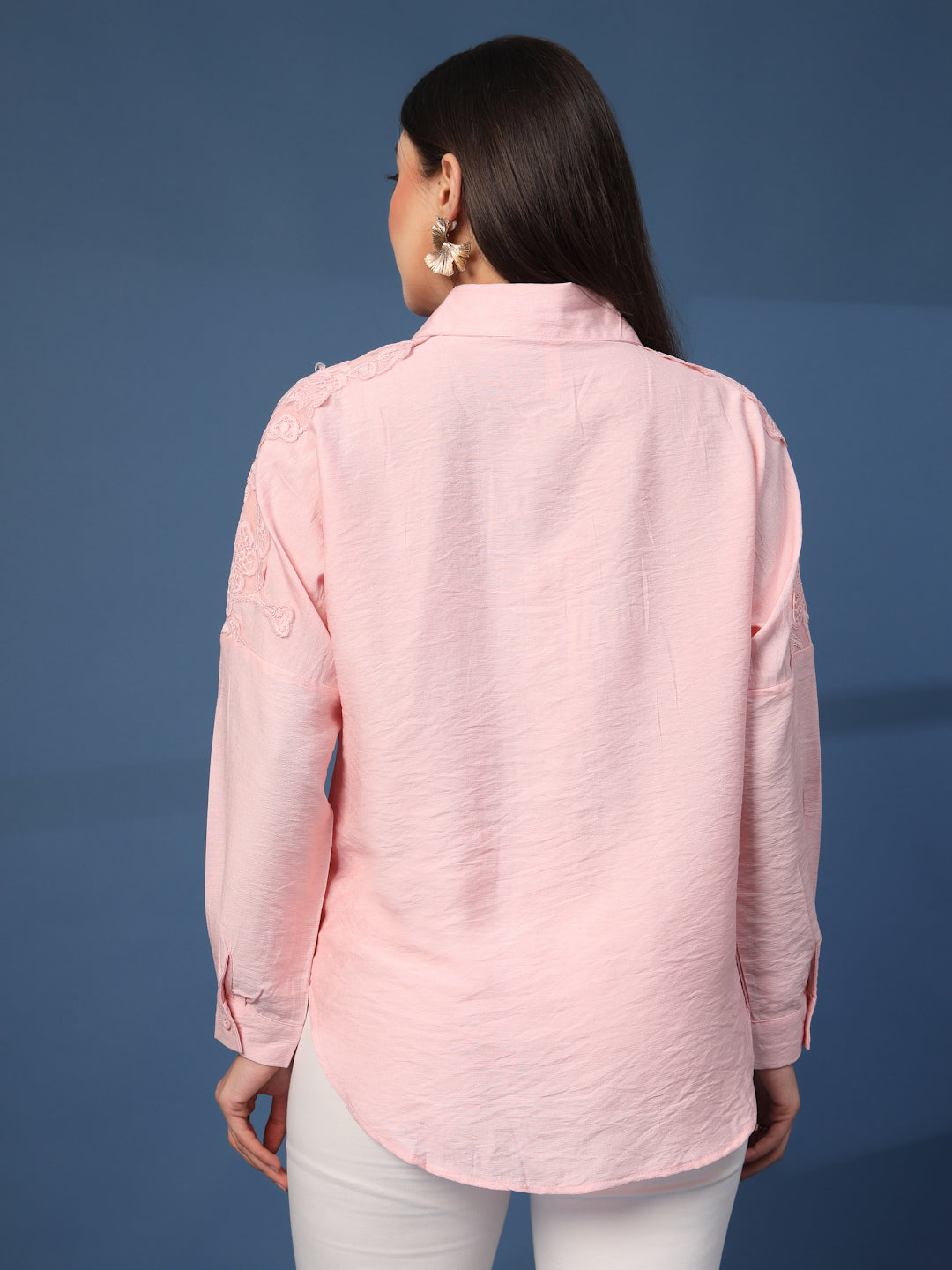 Thirty Threads Womens Peach Self Design Collar Neck Long Sleeve Regular Length Shirt