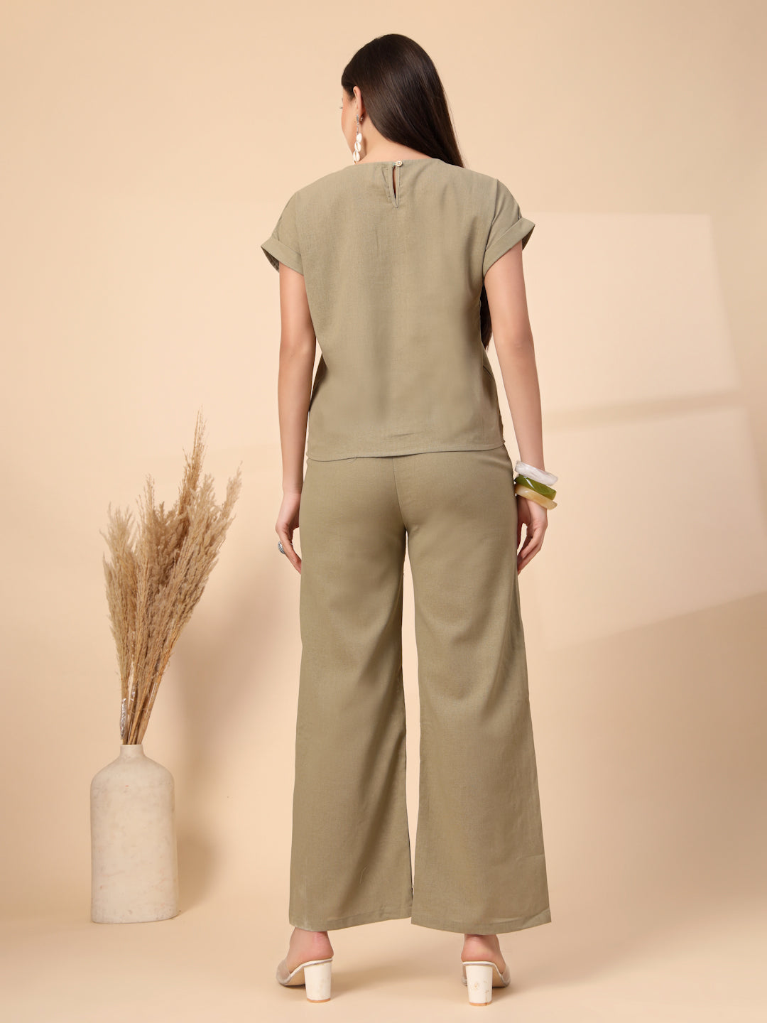 Thirty Threads Womens Green Embroidered Round Neck Regular Co-Ord Set