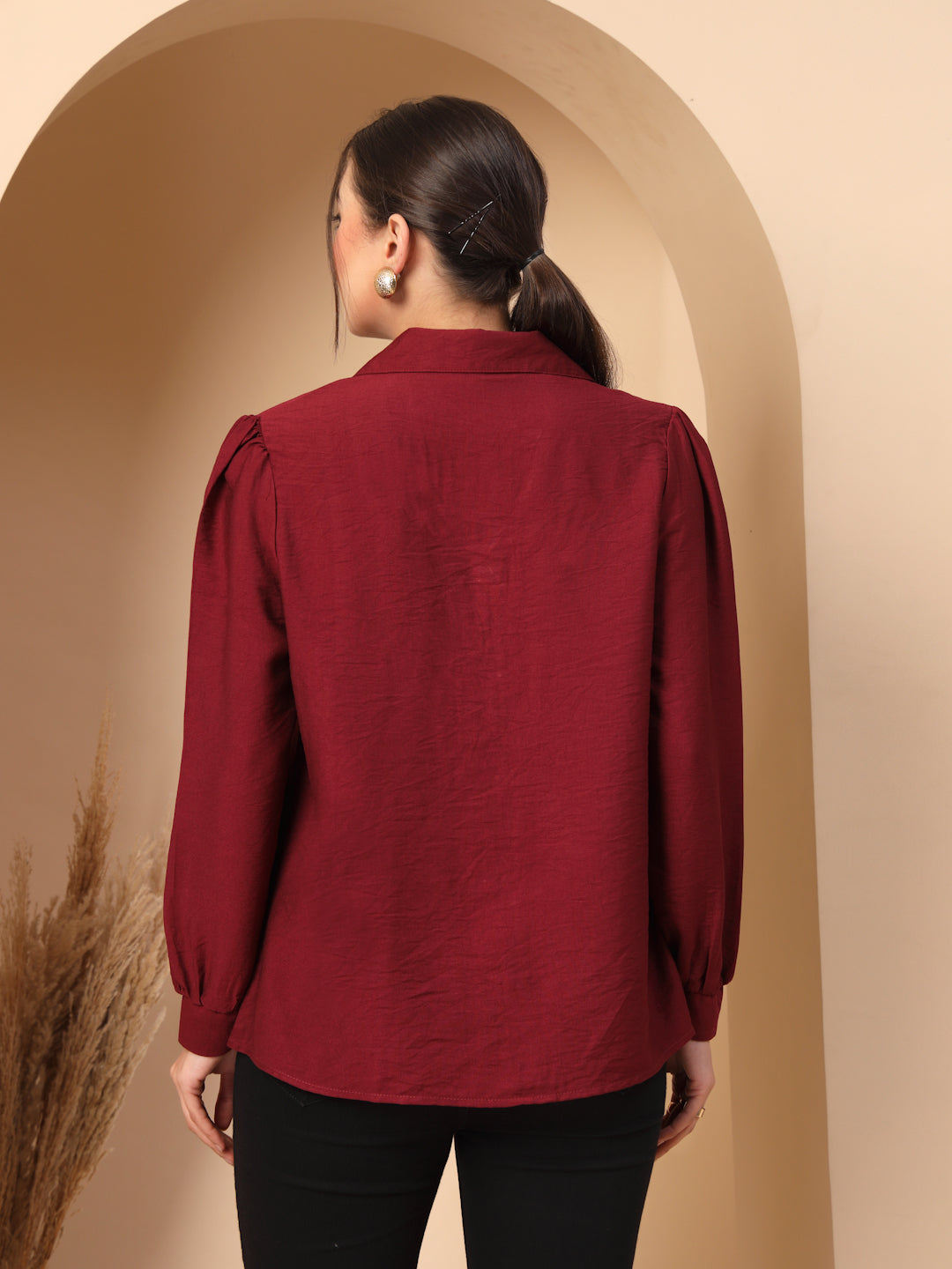 Thirty Threads Womens Maroon Solid Collar Neck Long Sleeve Regular Length Shirt