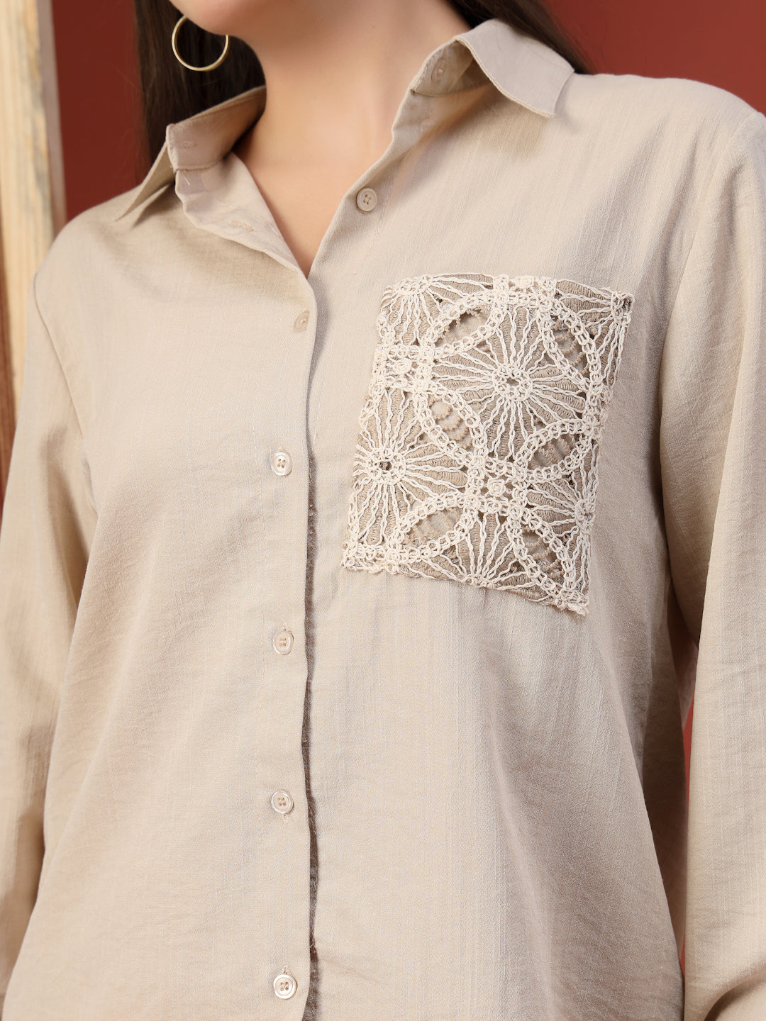 Thirty Threads Womens Coffee Embroidered Collar Neck Regular Co-Ord Set